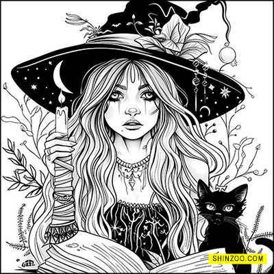Enchanting Witch with Spellbook and Black Cat in Mystical Forest Coloring Adventure