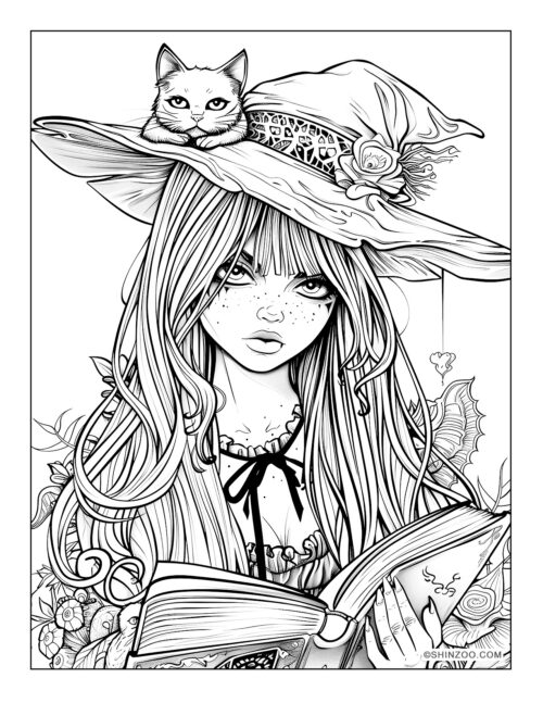 Young witch with magical book and cat