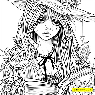 Young Witch with Magical Book and Cat Halloween Coloring Page