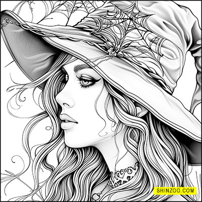 Spider Witch with Hat Halloween Coloring Page