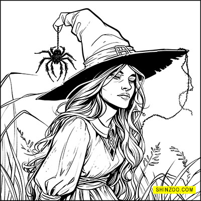 Witch on Tall Grass with Hat and Spider Halloween Coloring Page