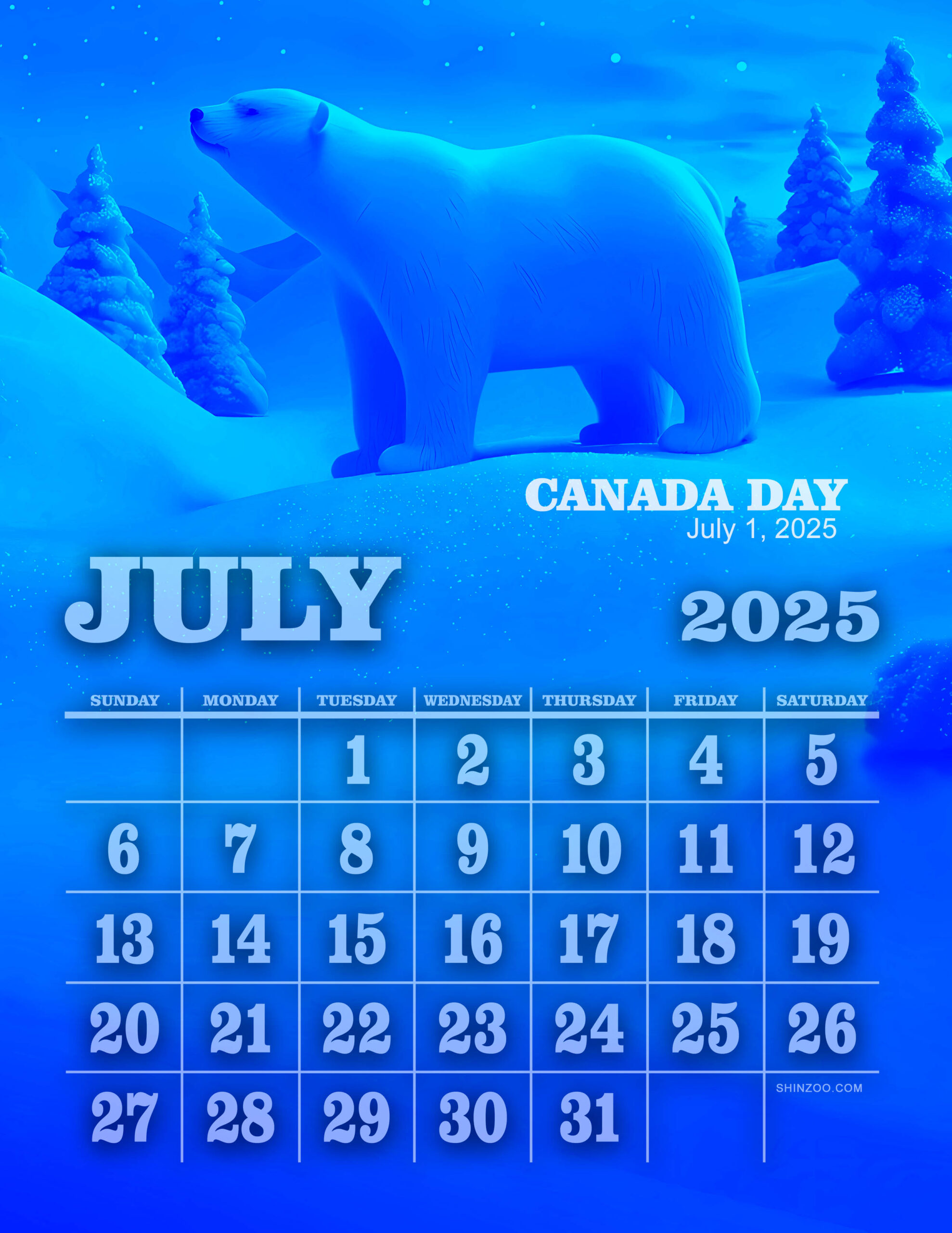 July 2025 Calendar Canada Day Polar Bear Winter Landscape Calendar