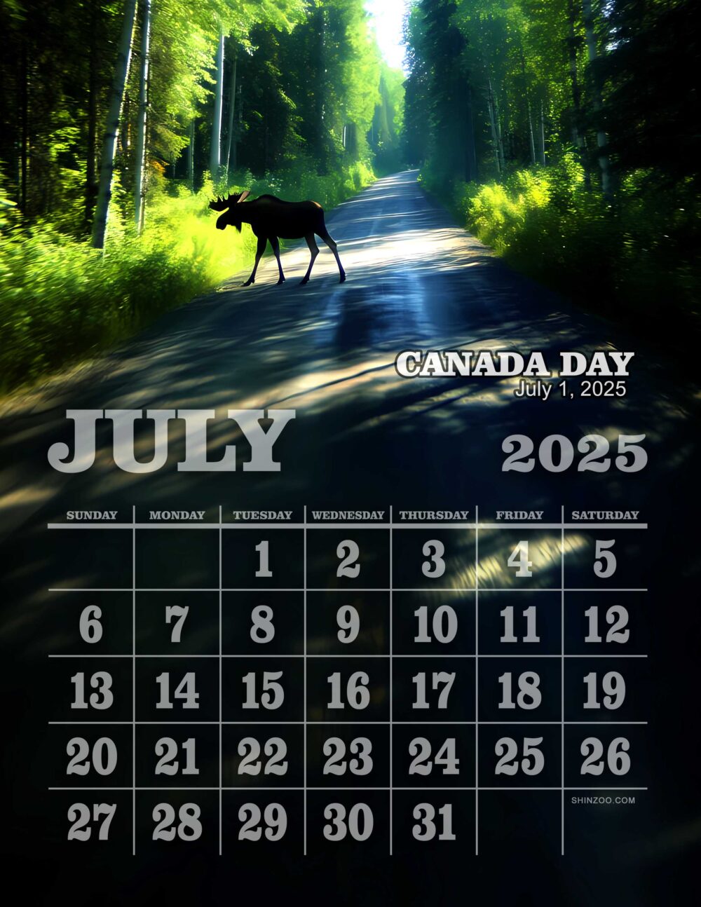 July 2025 Calendar Canada Day Moose Forest