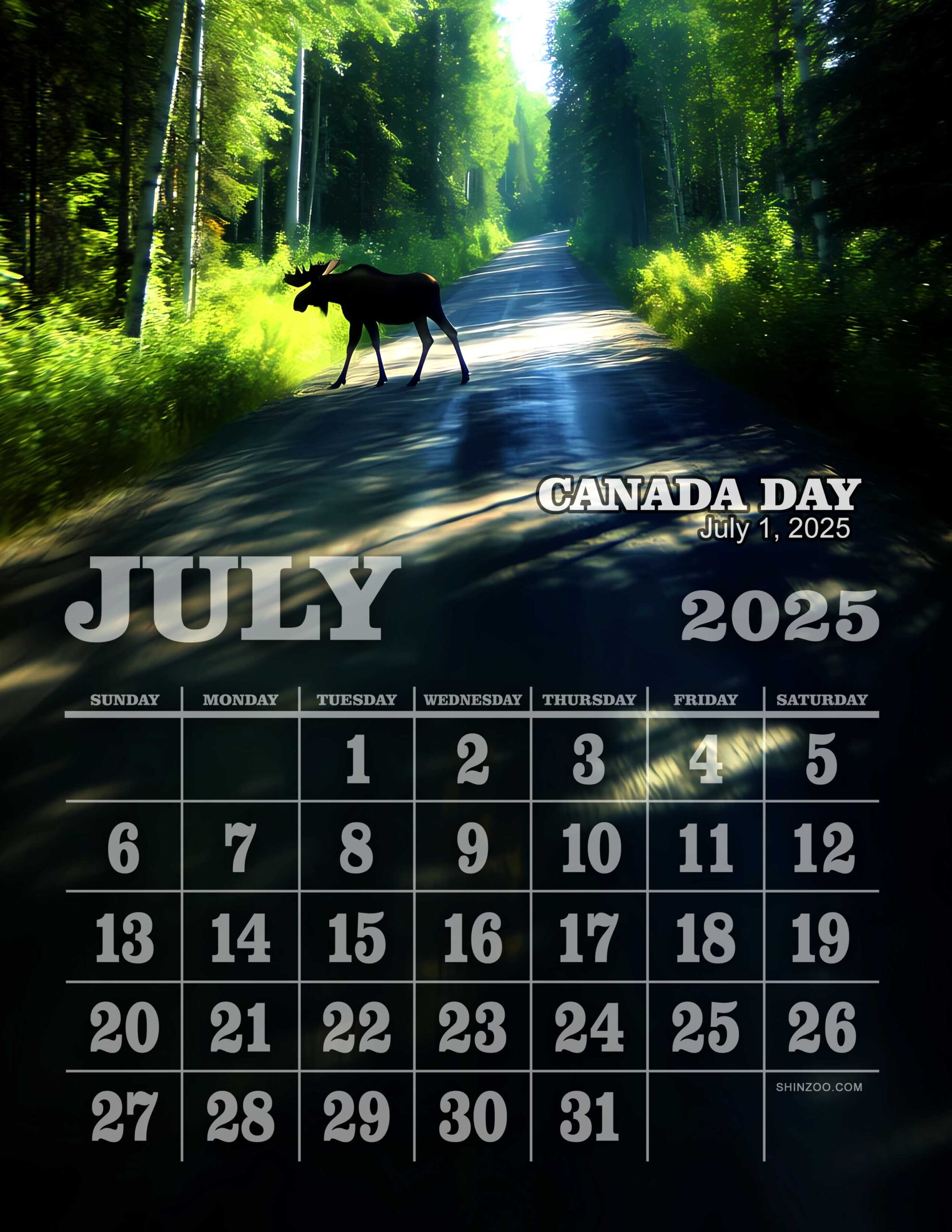 July 2025 Calendar Canada Day Moose Forest Canadian Landscape
