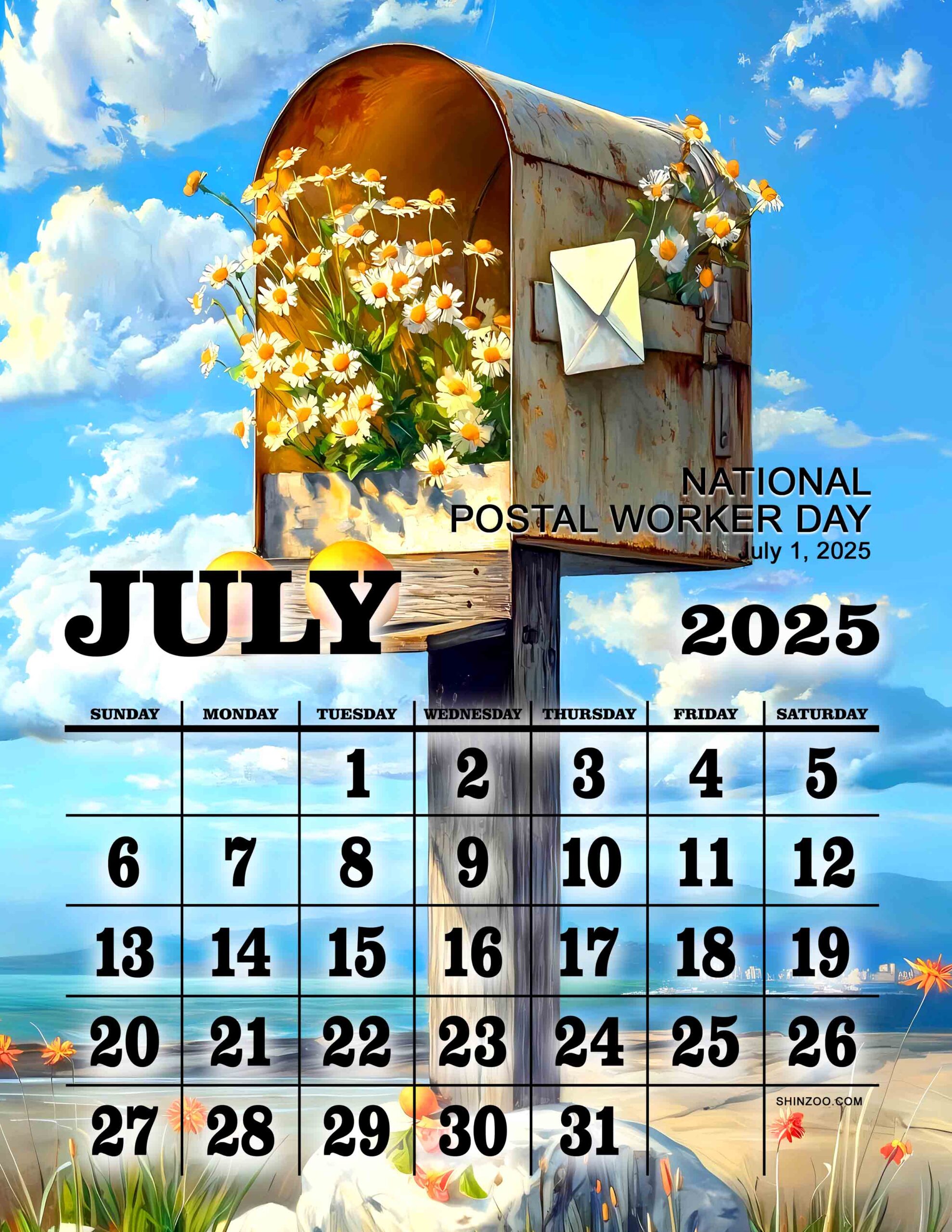 July 2025 Calendar National Postal Worker Day Appreciation Mailbox Art
