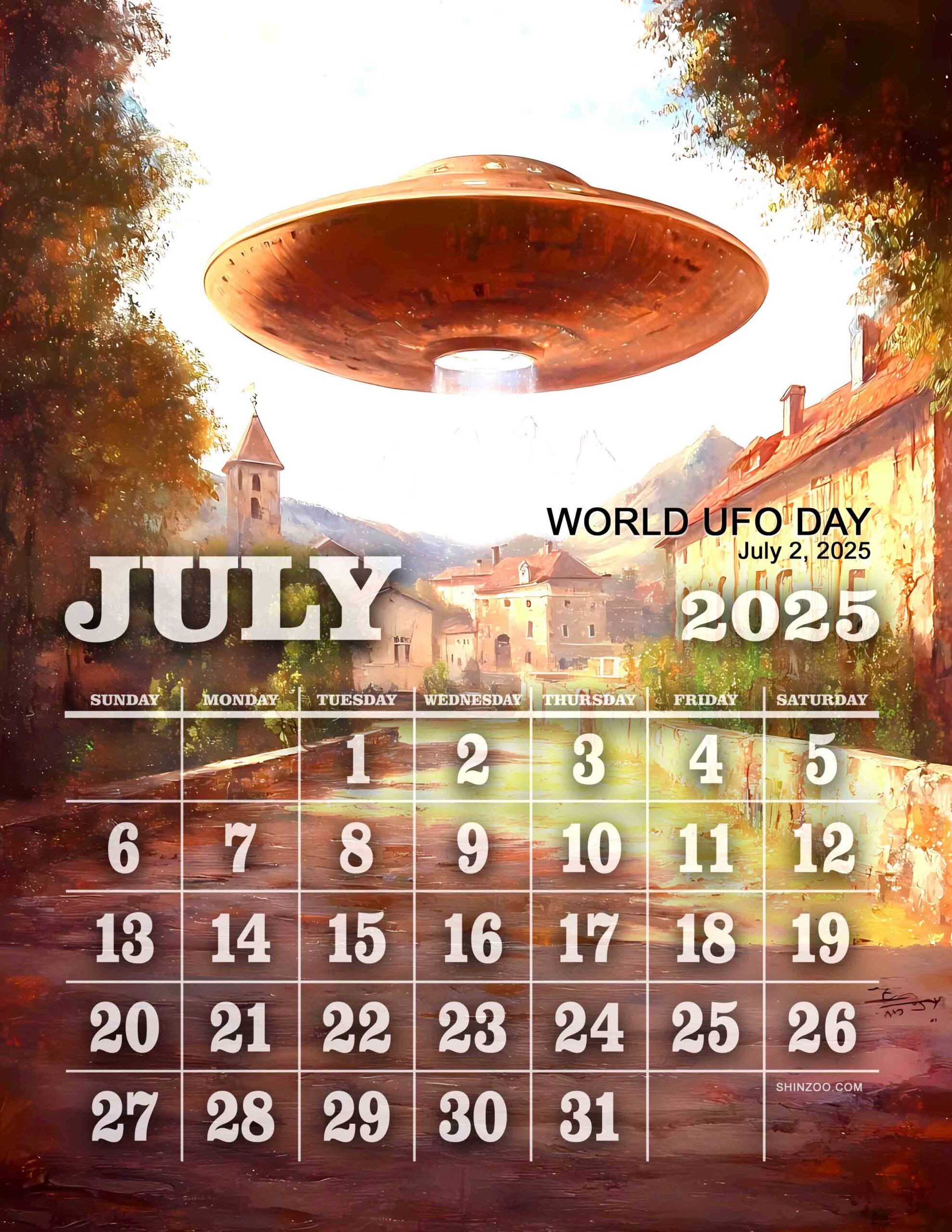 2025 Calendar July World UFO Day Alien Flying Saucer Invasion Art