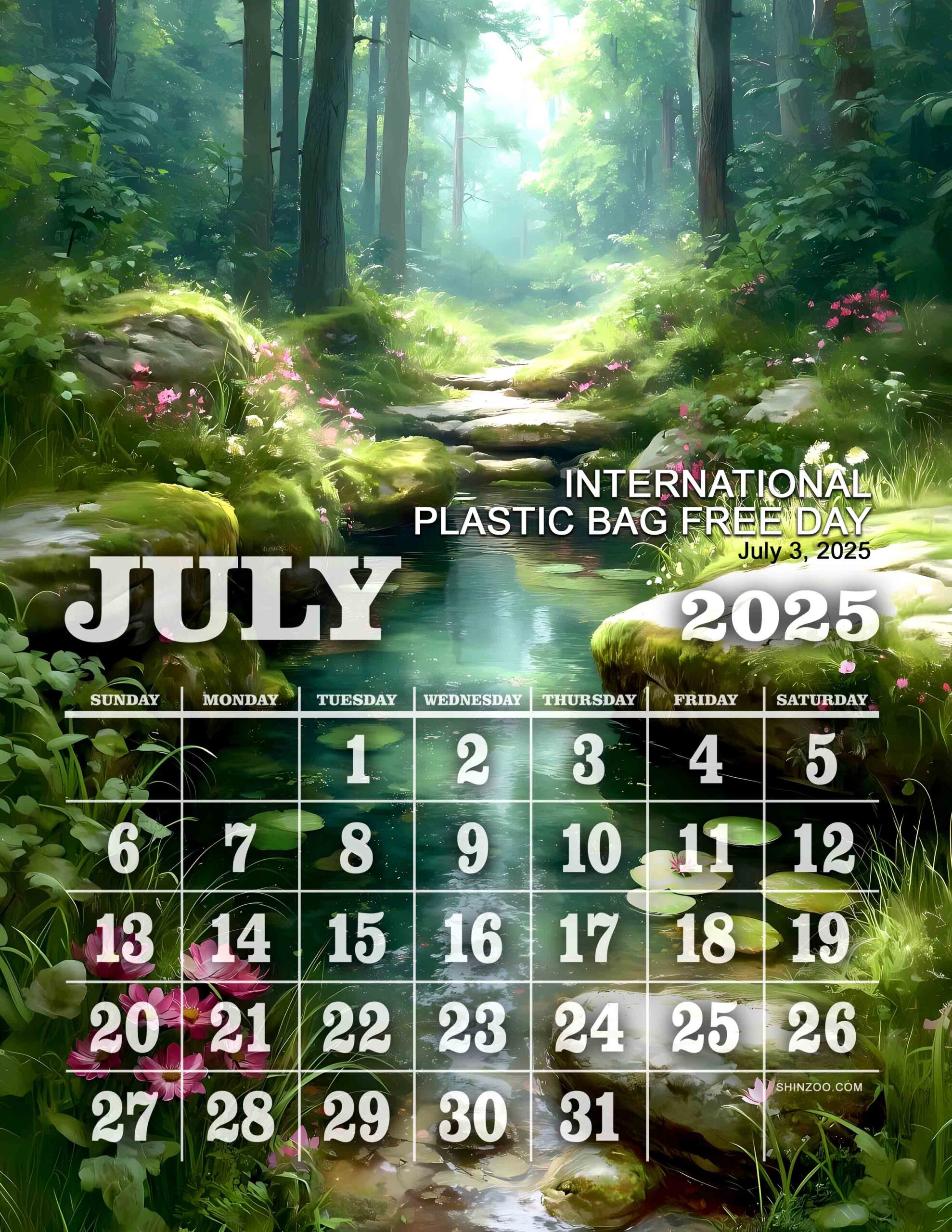 2025 Calendar July Plastic Bag Free Day Nature Eco-Friendly Theme