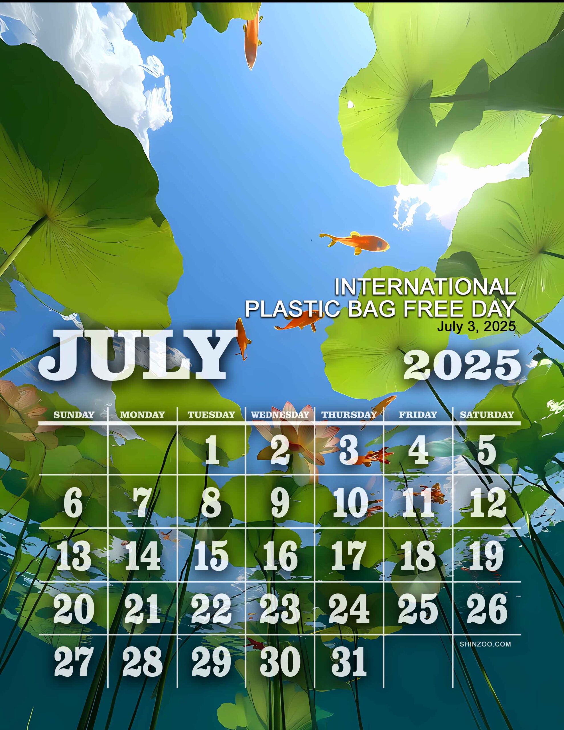 2025 Calendar July Underwater Scene Water Lily Environmental Eco Calendar