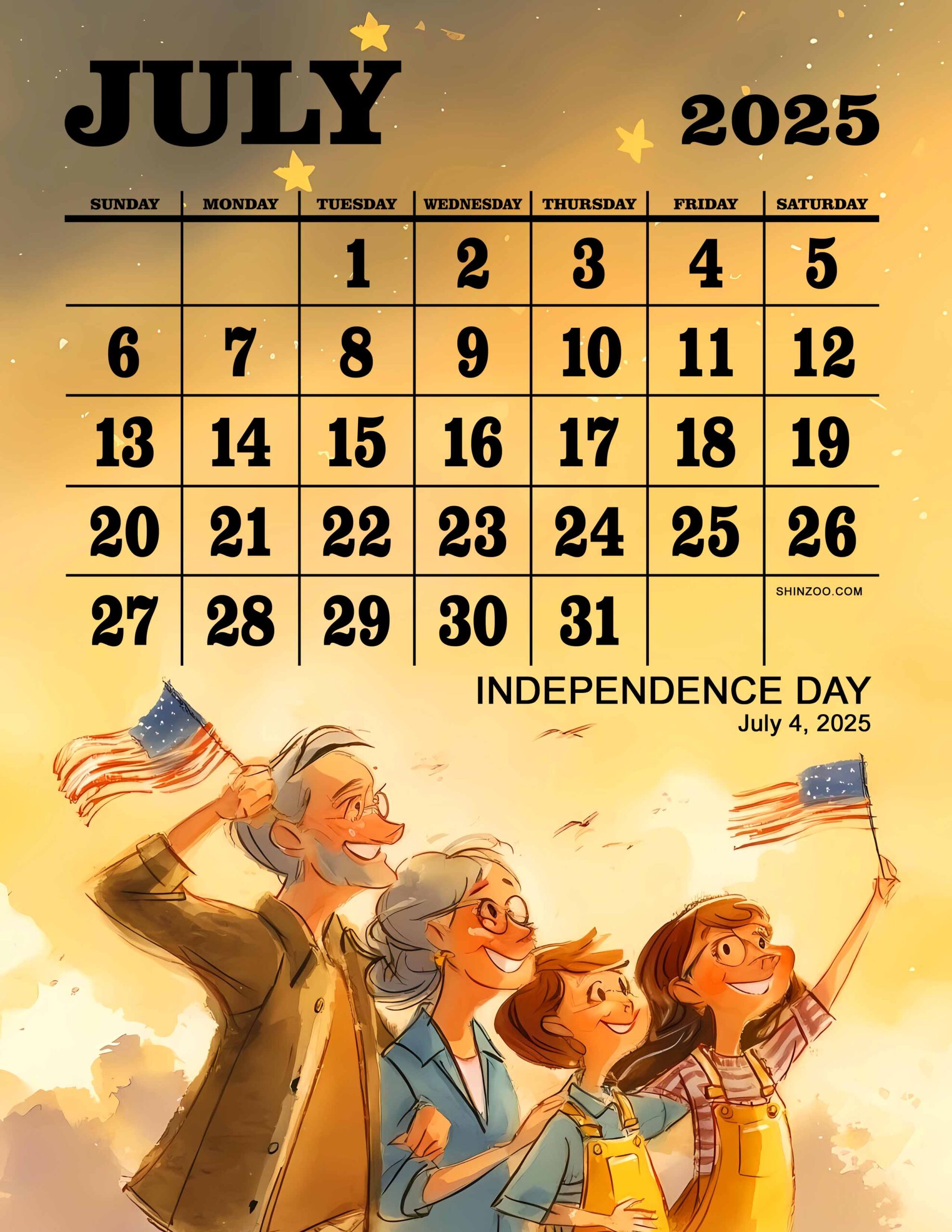 2025 Calendar July Independence Day Patriotic Family Celebration American Flag