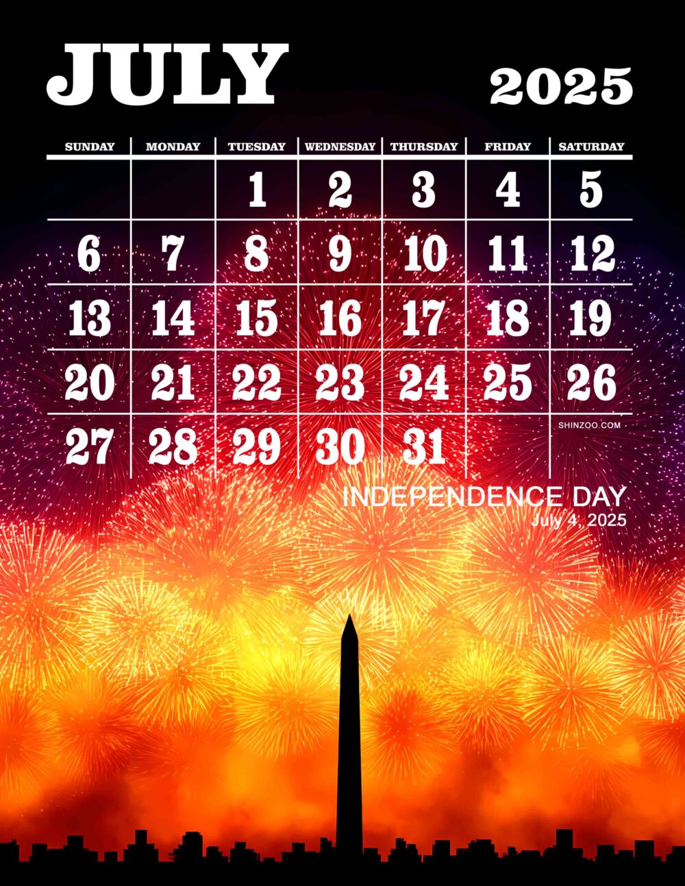 2025 Calendar July Independence Day Fourth of July Fireworks