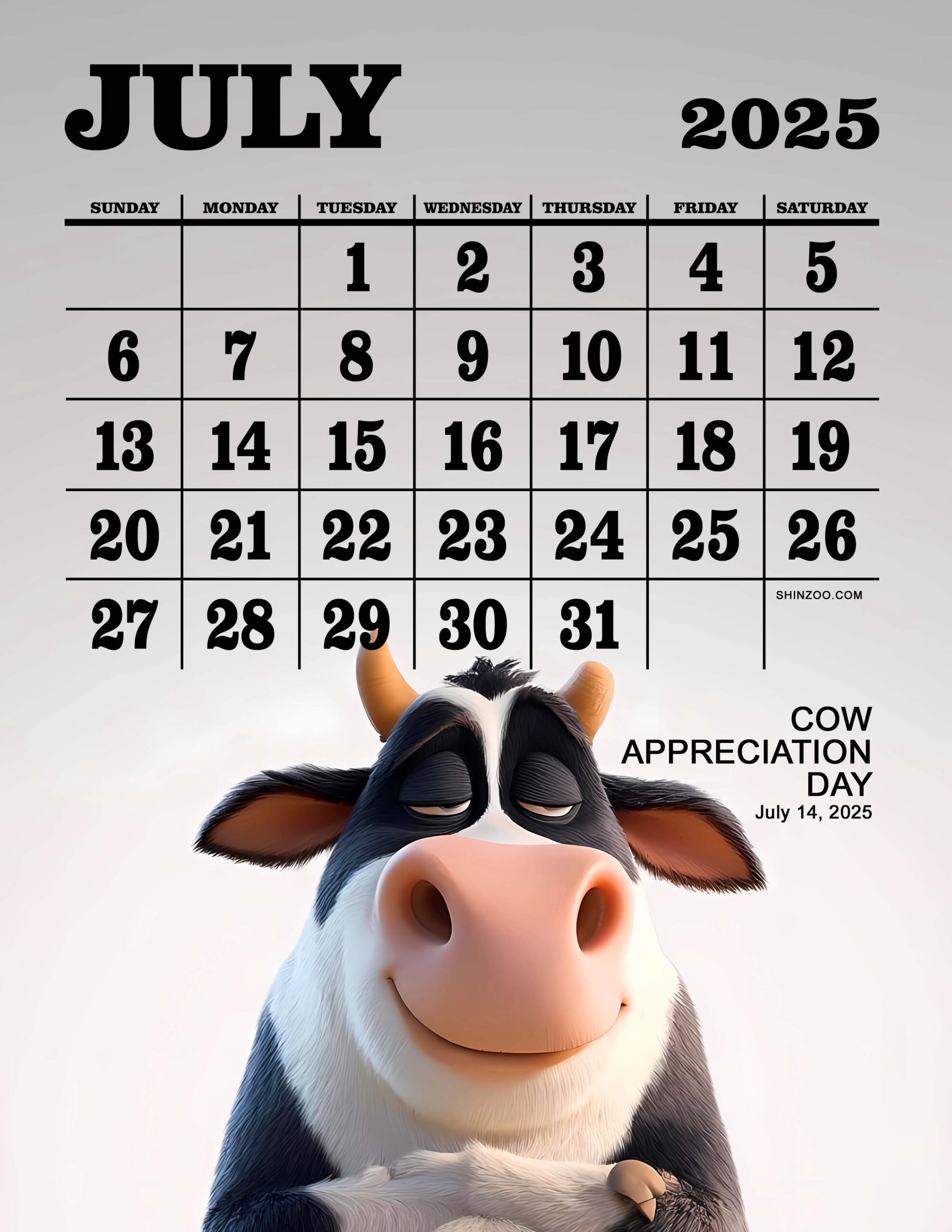 Cow Appreciation Day July Calendar 2025 Funny Cartoon Cow Farm Calendar