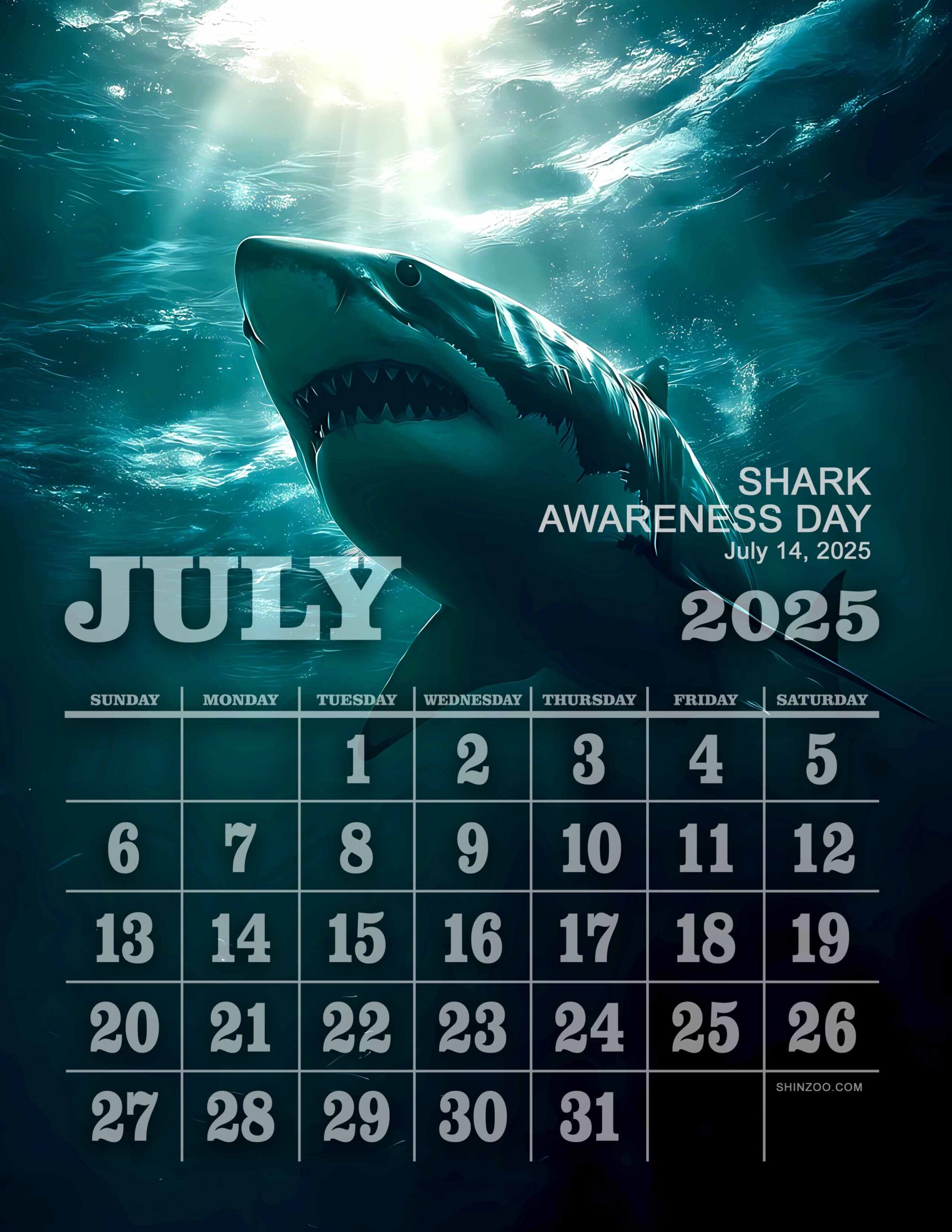 Shark Awareness Day 2025 July Calendar Shark Underwater Ocean Calendar