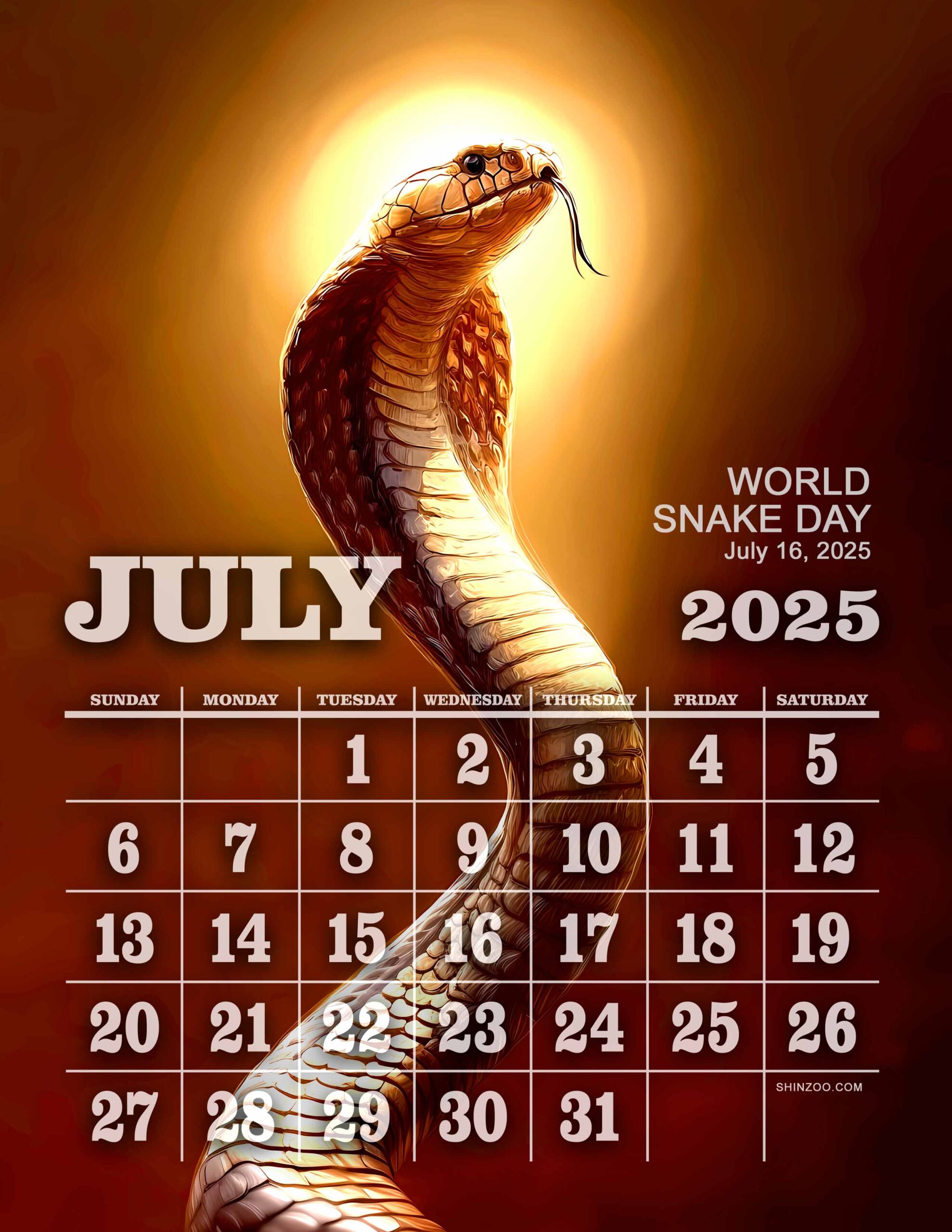 World Snake Day 2025 July Calendar Cobra Reptile Awareness Theme Wildlife Calendar