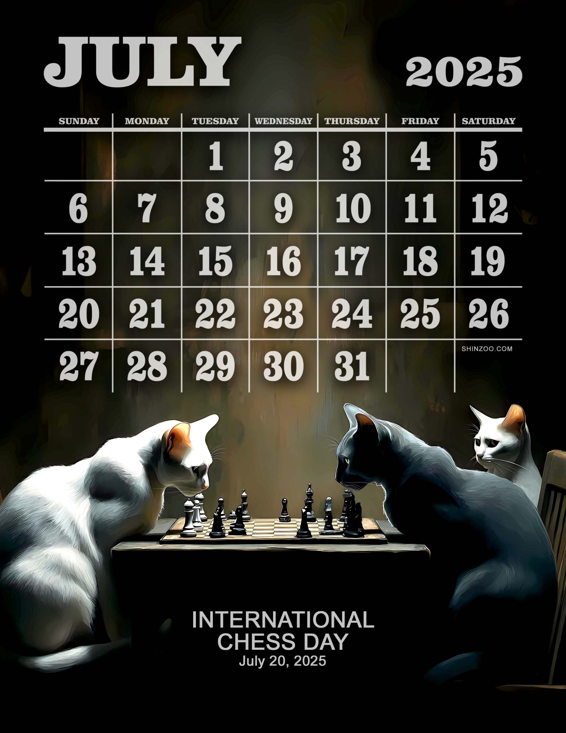 International Chess Day 2025 July Calendar Animals Playing Chess Funny Cats Calendar