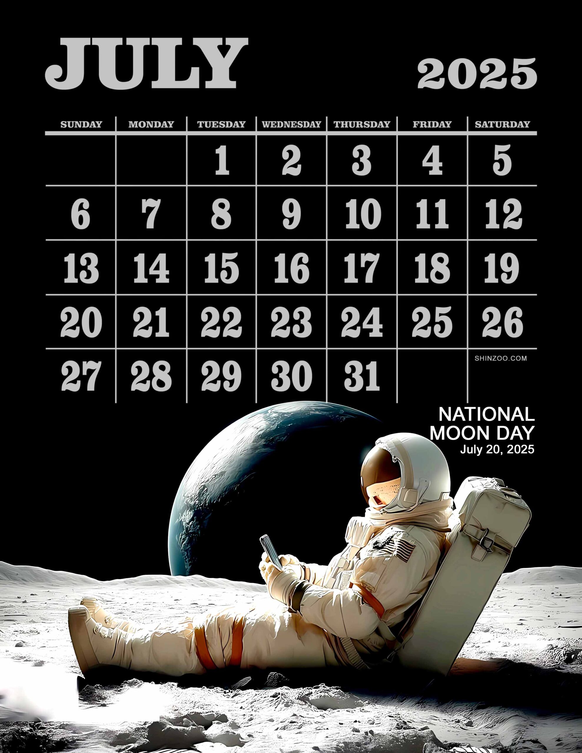 National Moon Day 2025 July Calendar Astronaut on Moon Space Themed Calendar