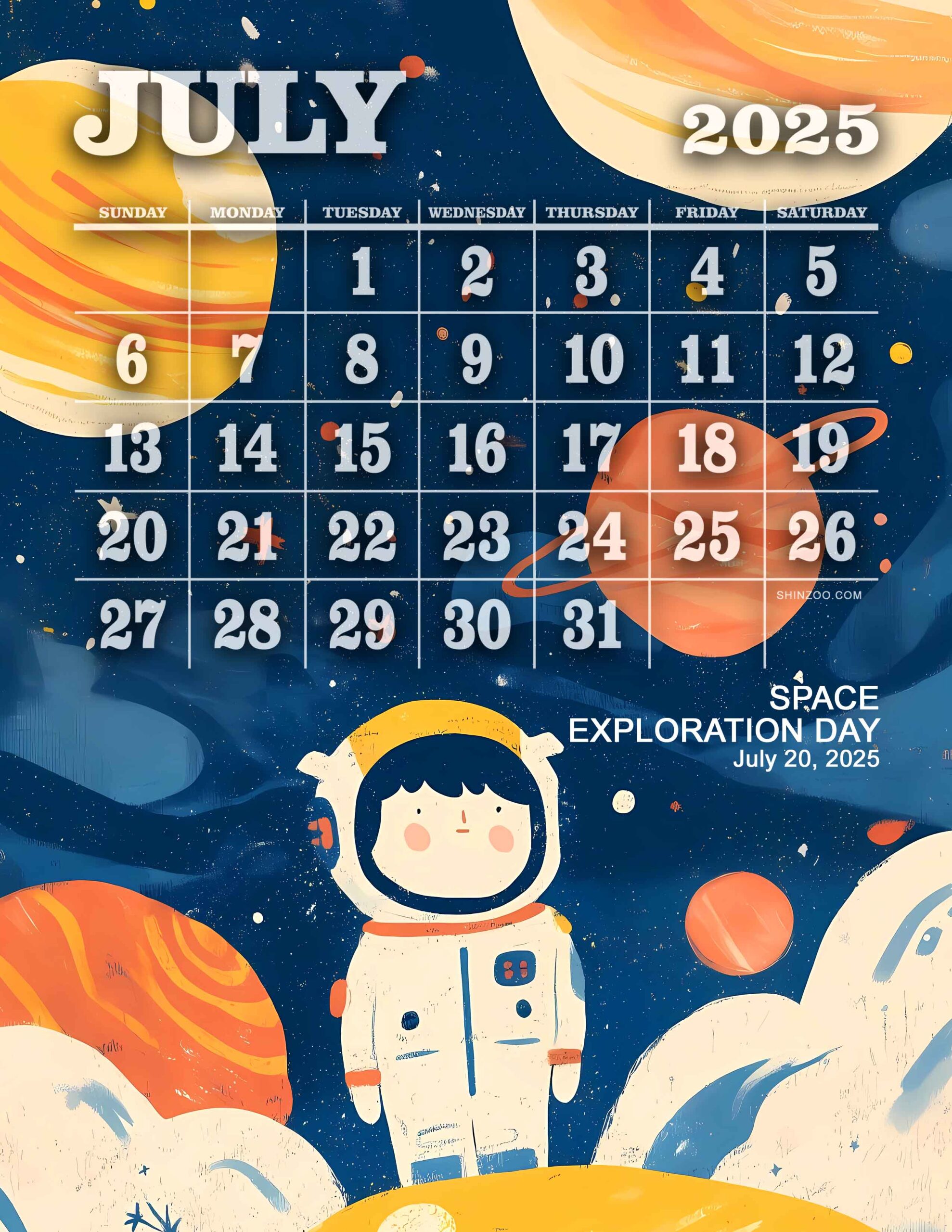 Space Exploration Day 2025 July Calendar Cartoon Astronaut Kids Space Calendar