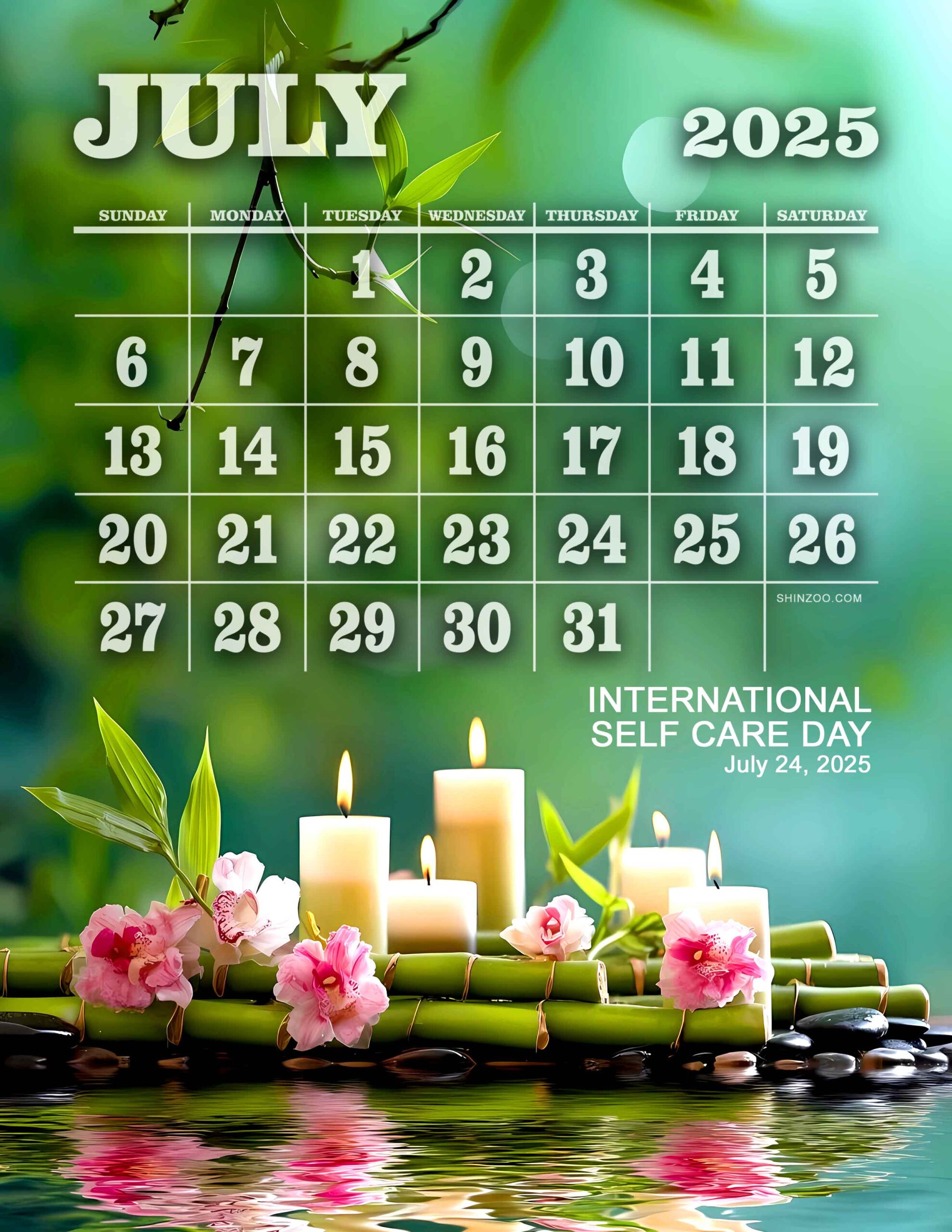 International Self-Care Day 2025 July Calendar Relaxation Wellness Peaceful Calendar
