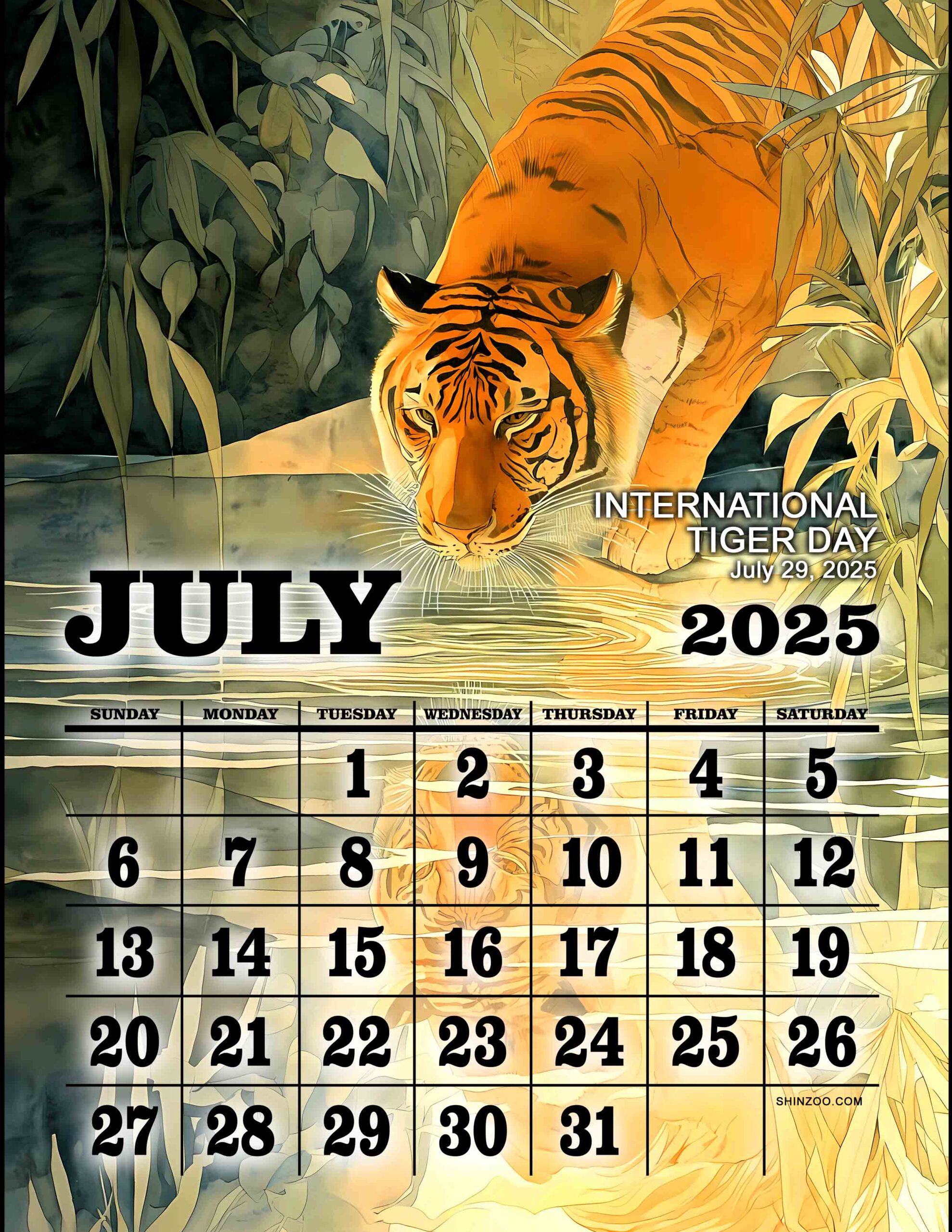 International Tiger Day 2025 July Calendar Tiger in Water Wildlife Calendar