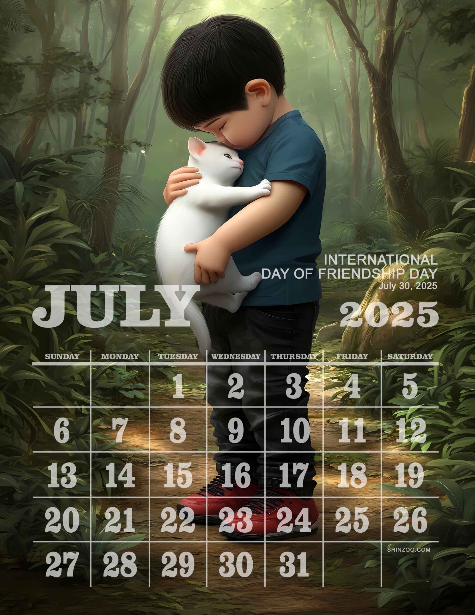 International Day of Friendship 2025 July Calendar Boy Hugging Cat Pet Calendar
