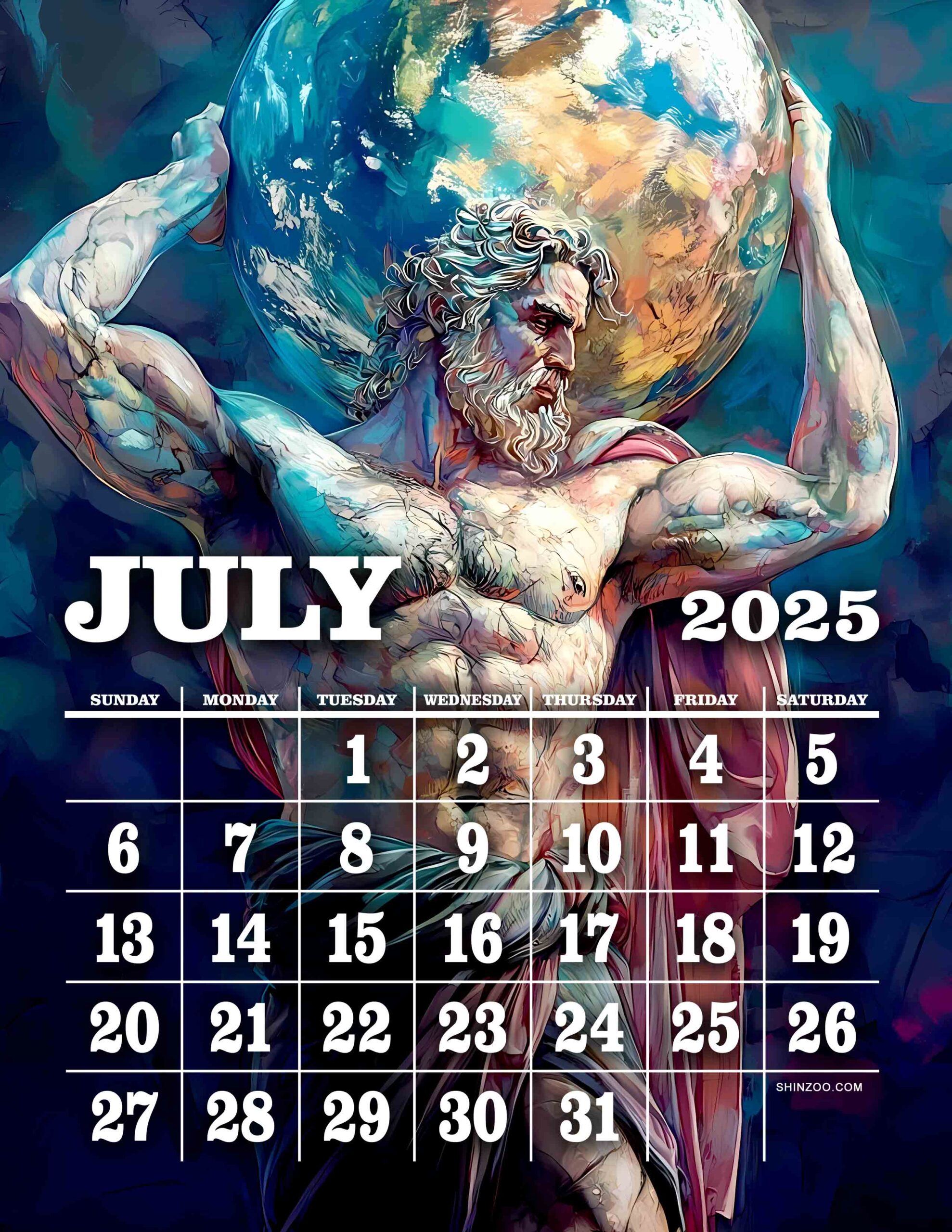 July 2025 Calendar Greek Mythology Fantasy Wall Art Atlas Holding the World