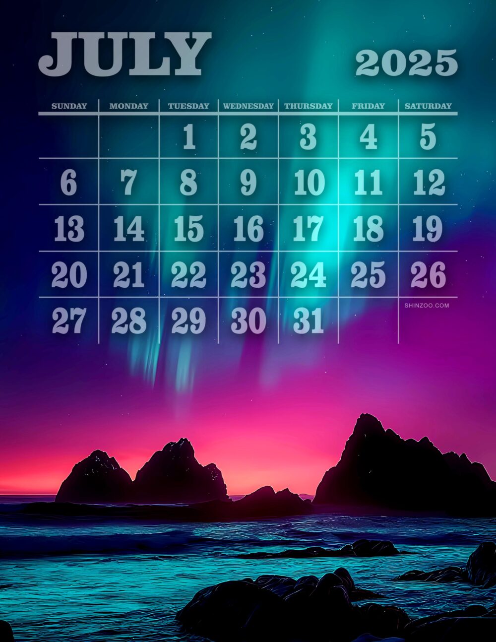July 2025 calendar printable night landscape scene
