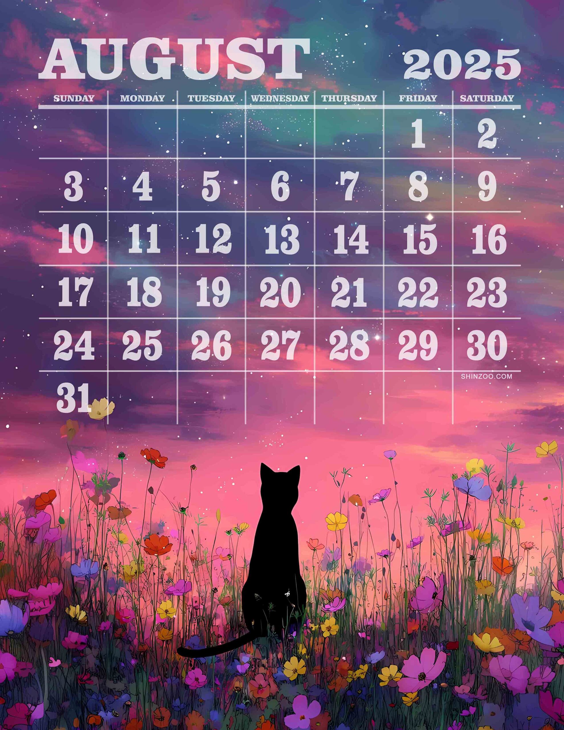August 2025 Calendar Black Cat Silhouette Wild Flowers Dreamy Landscape Sunset