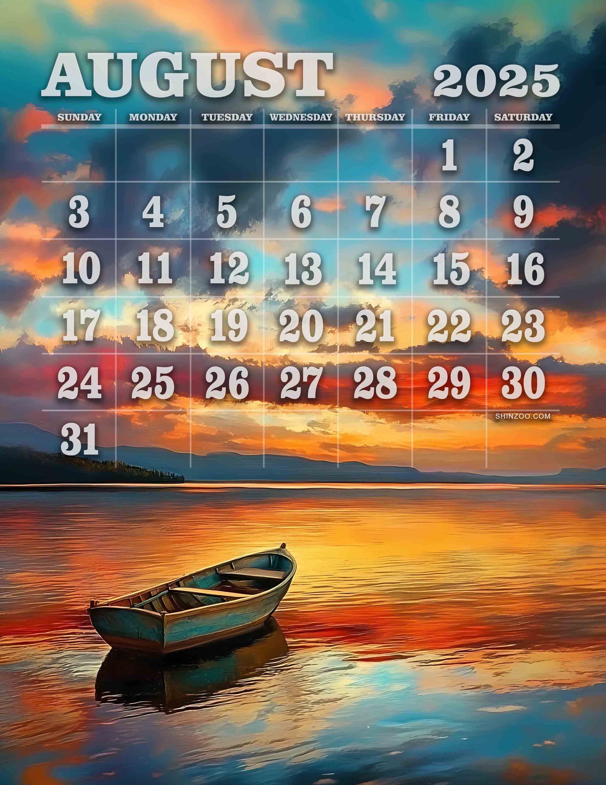August 2025 Calendar Boat Lake Sunset Peaceful Landscape Calm Water Calendar