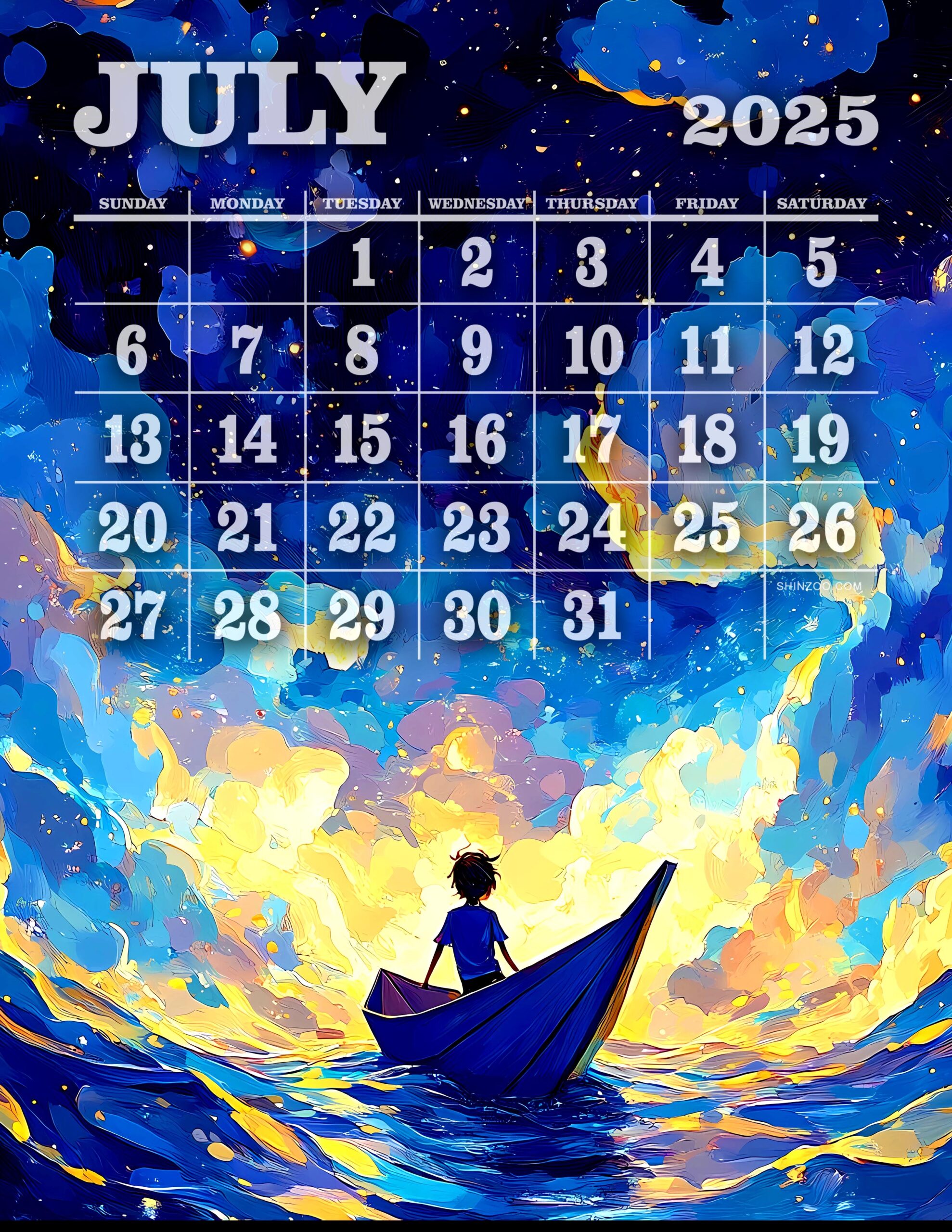 July 2025 Calendar Printable Surreal Landscape Dreamy Boat Travel Scene