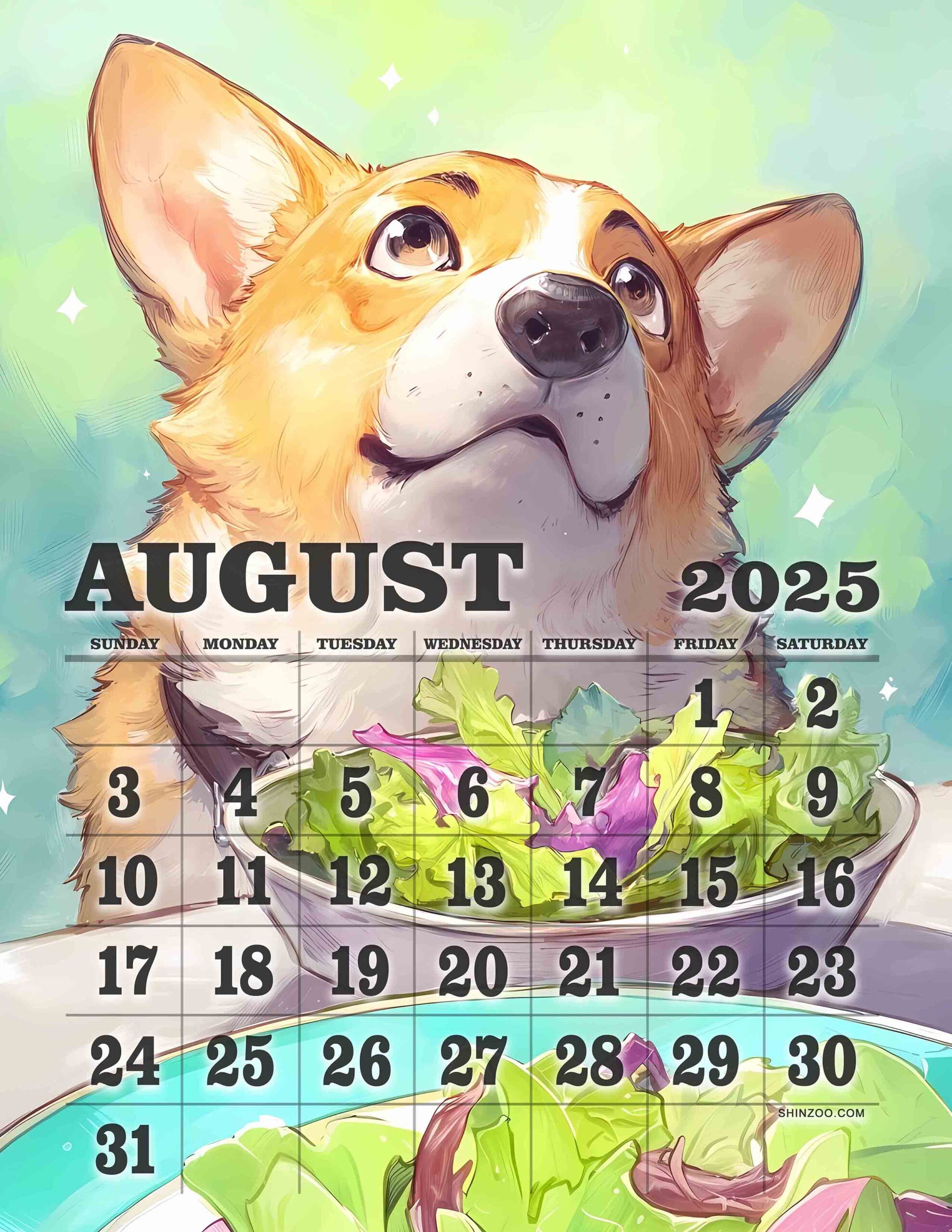 August 2025 Calendar Cute Corgi Funny Dog Food Calendar