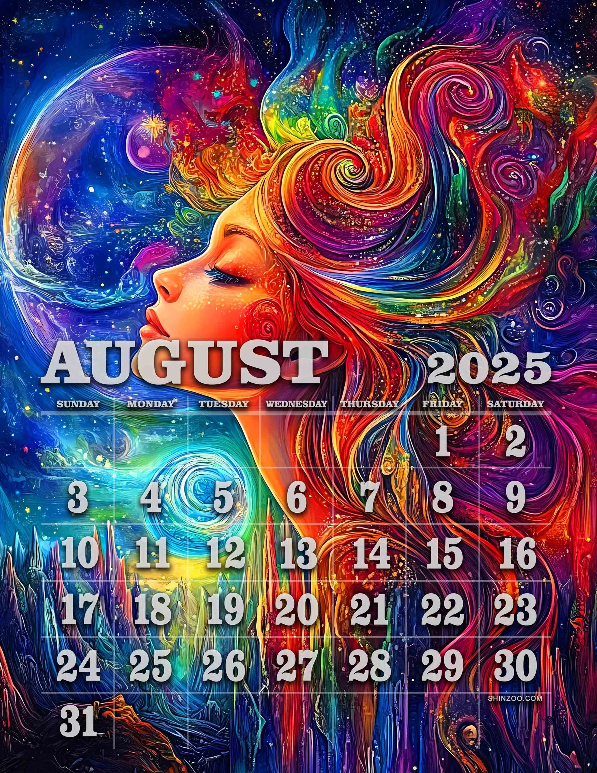 August 2025 Calendar Psychedelic Woman Cosmic Fantasy Art