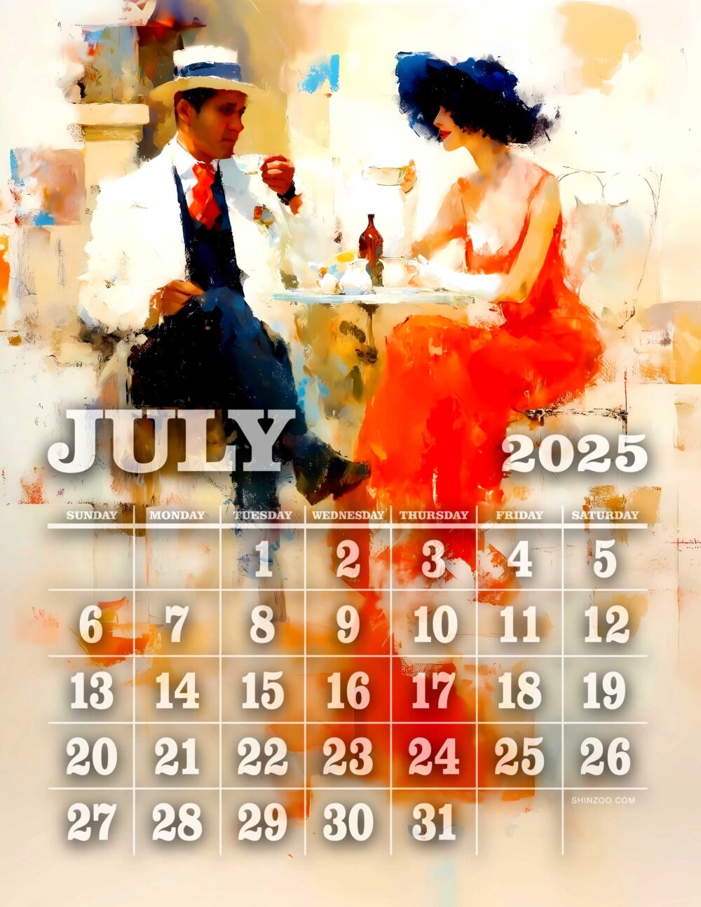 July 2025 calendar romantic couple