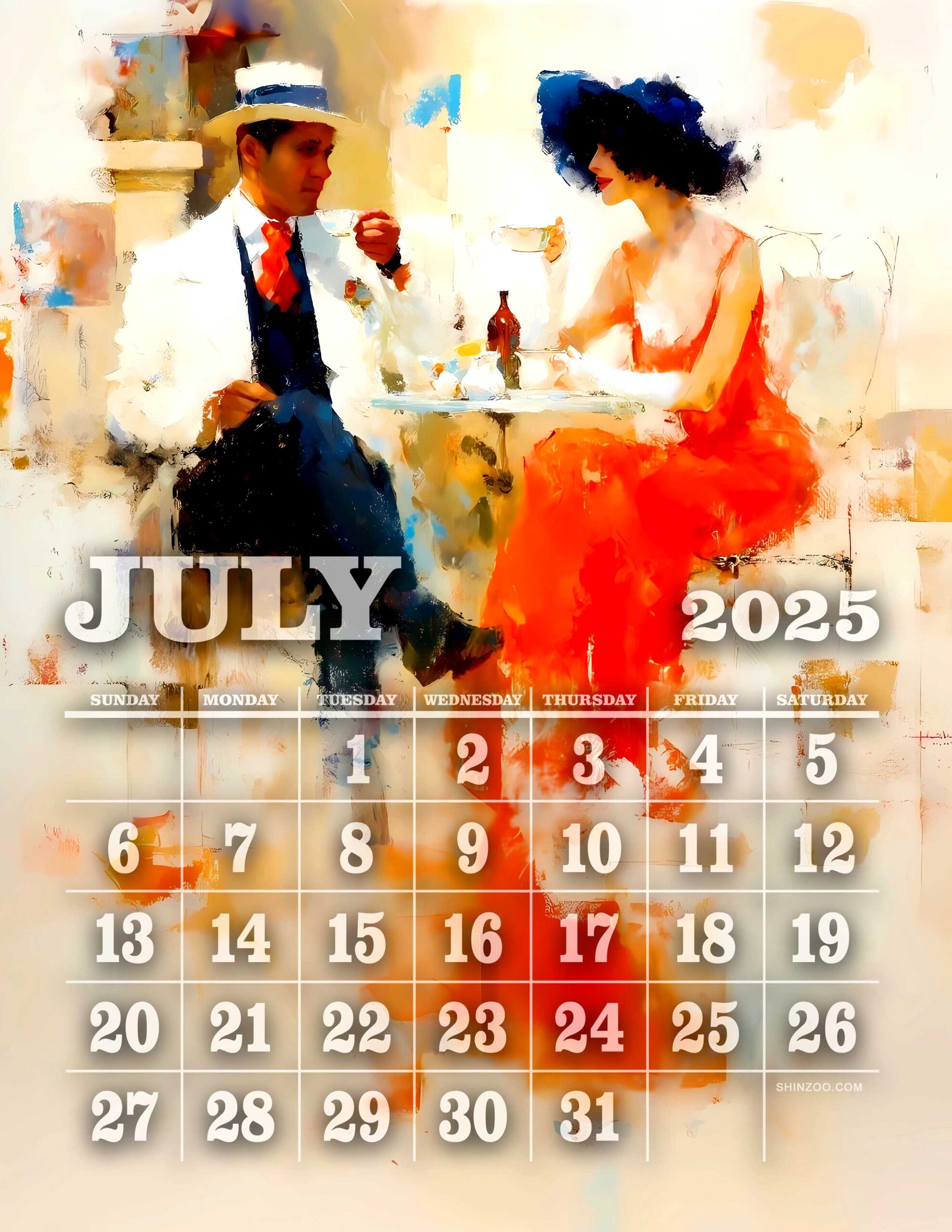 July 2025 Calendar Romantic Couple Vintage Parisian Café Scene Retro Wall Art Calendar