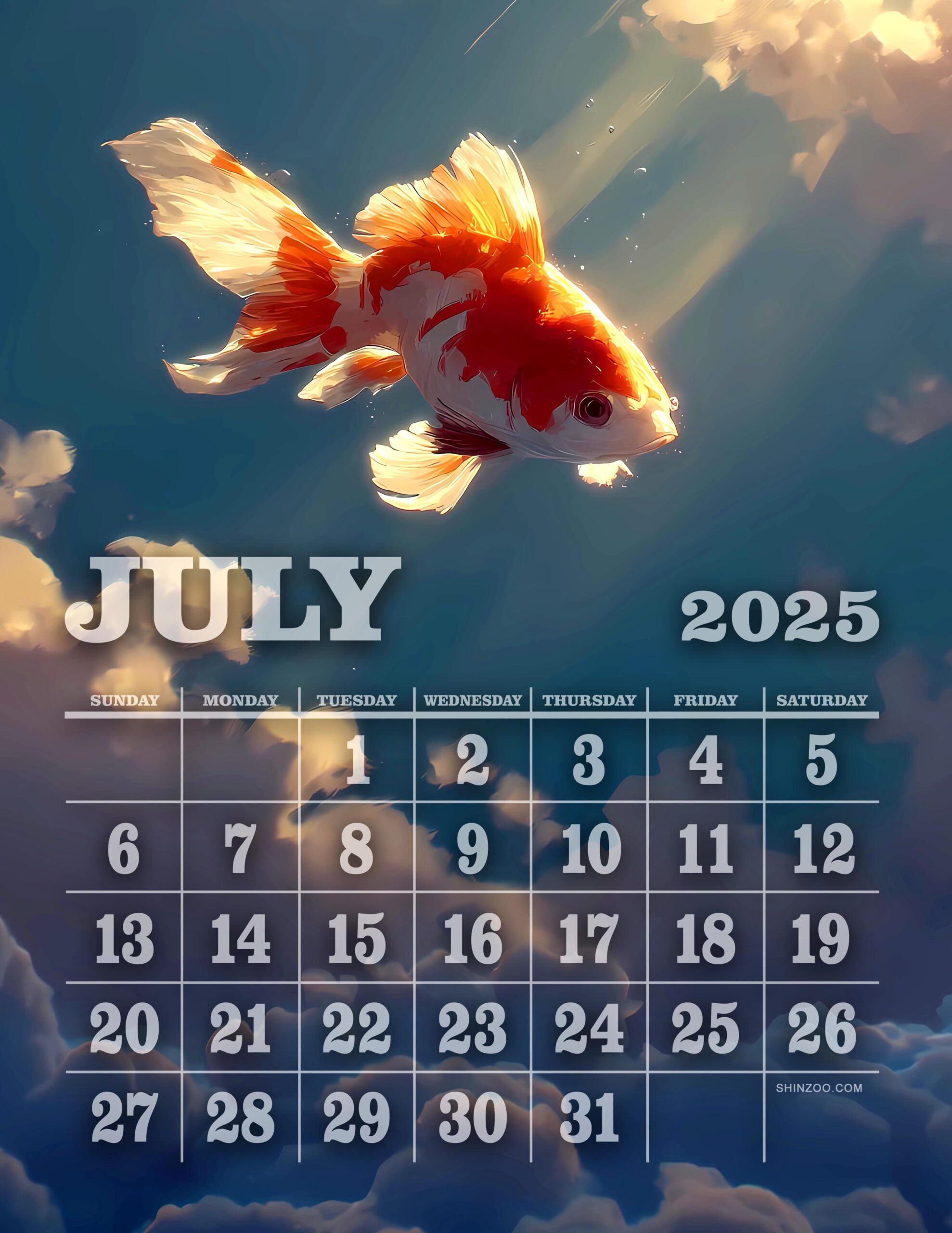 July 2025 Calendar Whimsical Animal Art Surreal Goldfish in the Sky