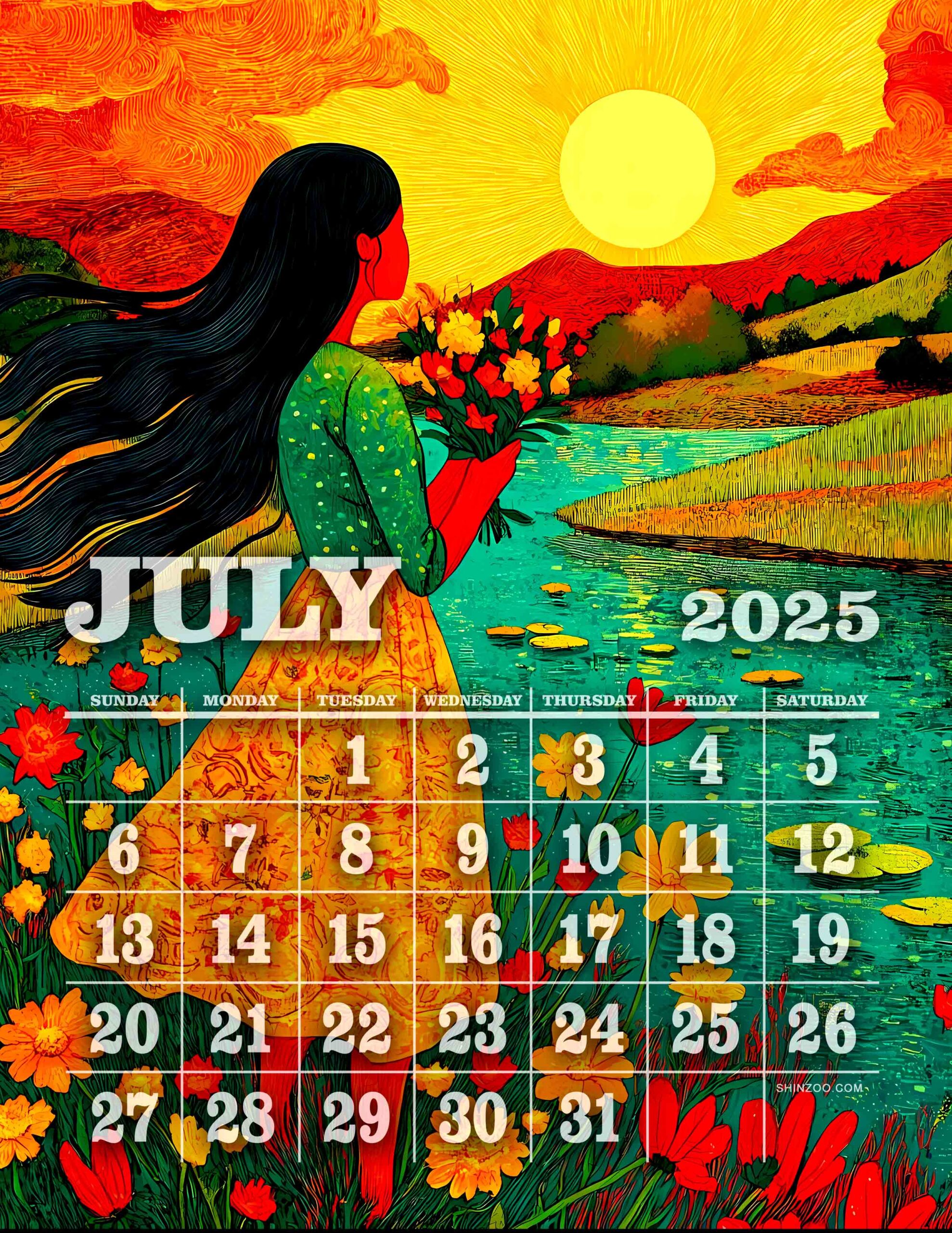 July Calendar 2025 Printable Empowered Woman Summer Flowers Landscape