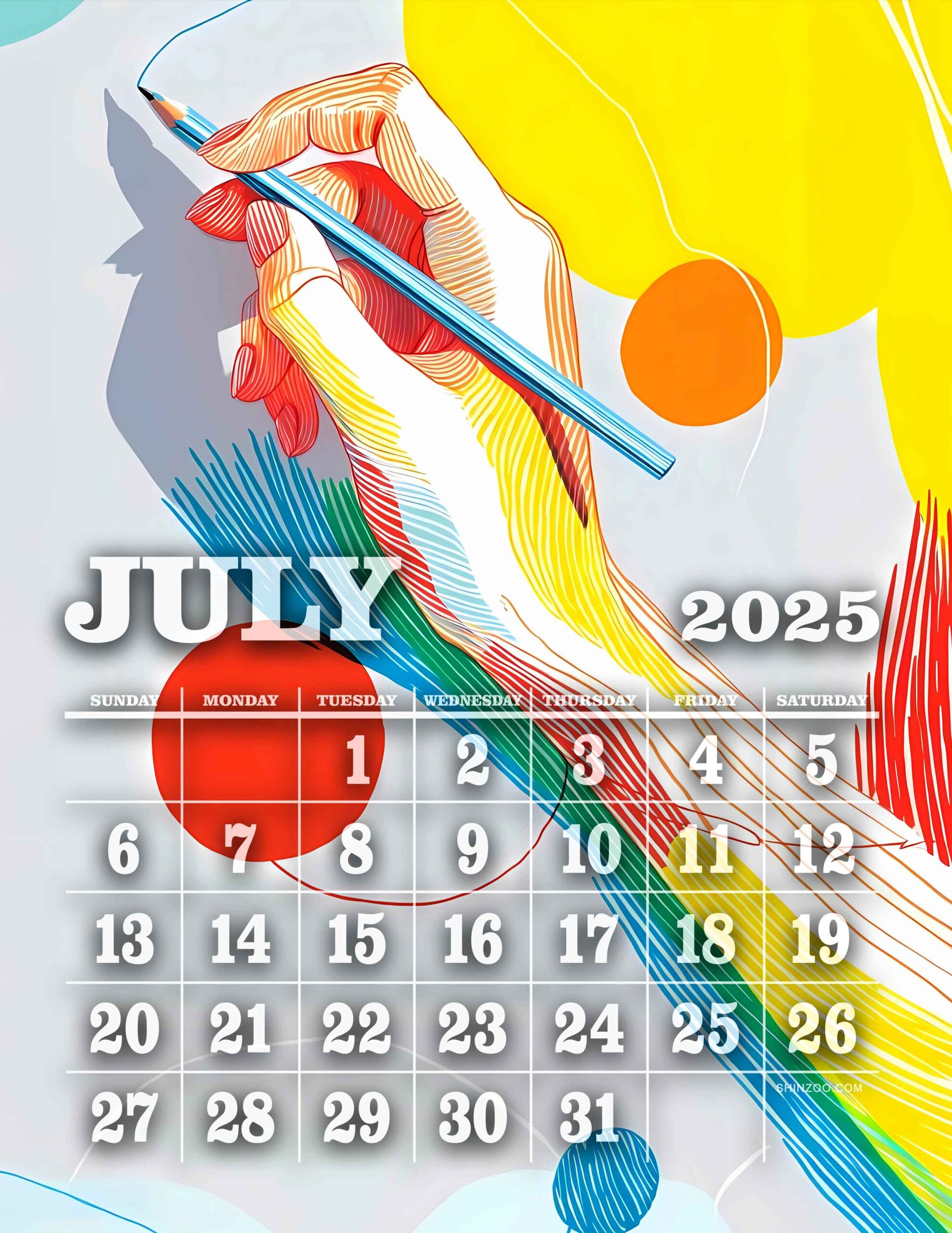 July Calendar 2025 Printable Artistic Design Sketching Hands Creative Theme