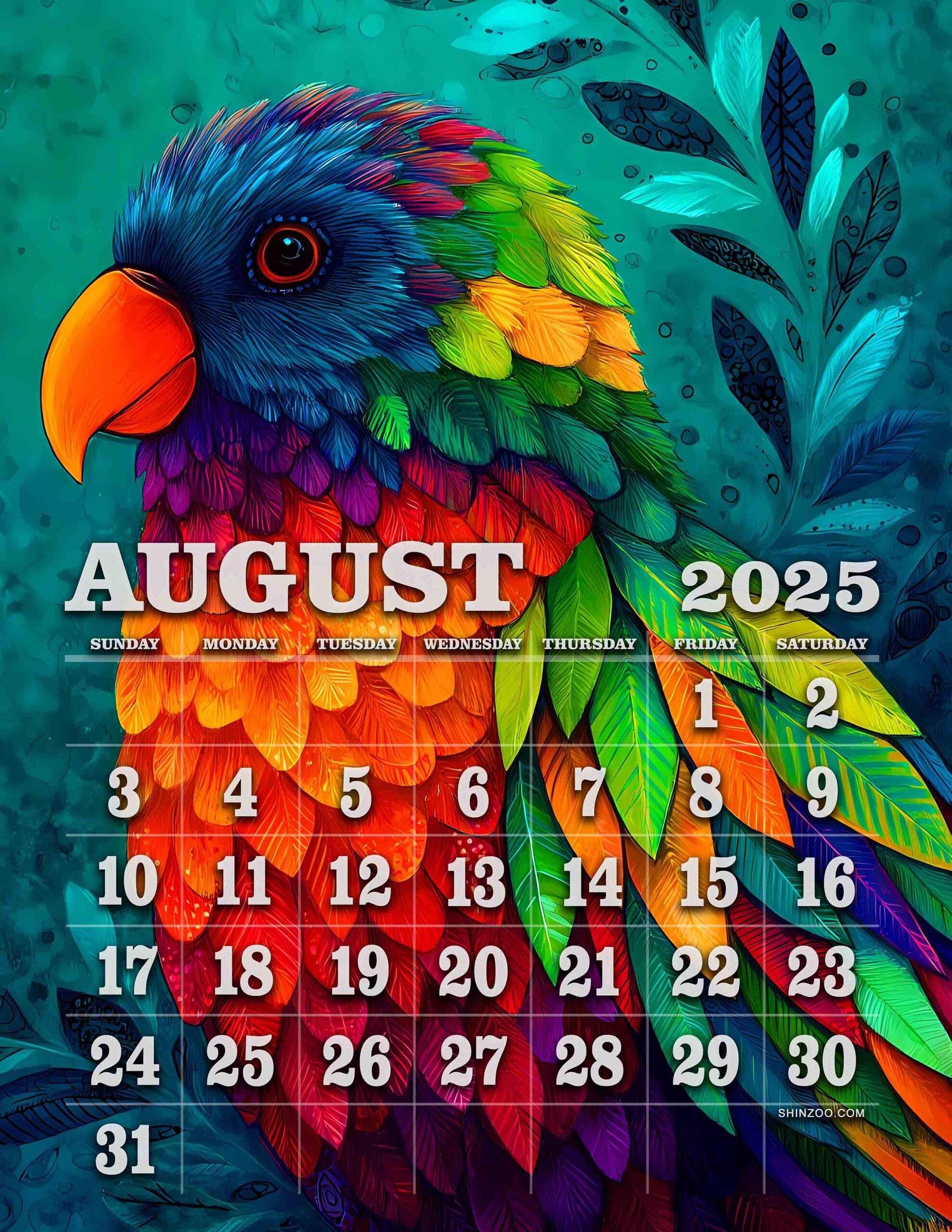 August 2025 Calendar Parrot Art Colorful Tropical Bird Illustration Calendar