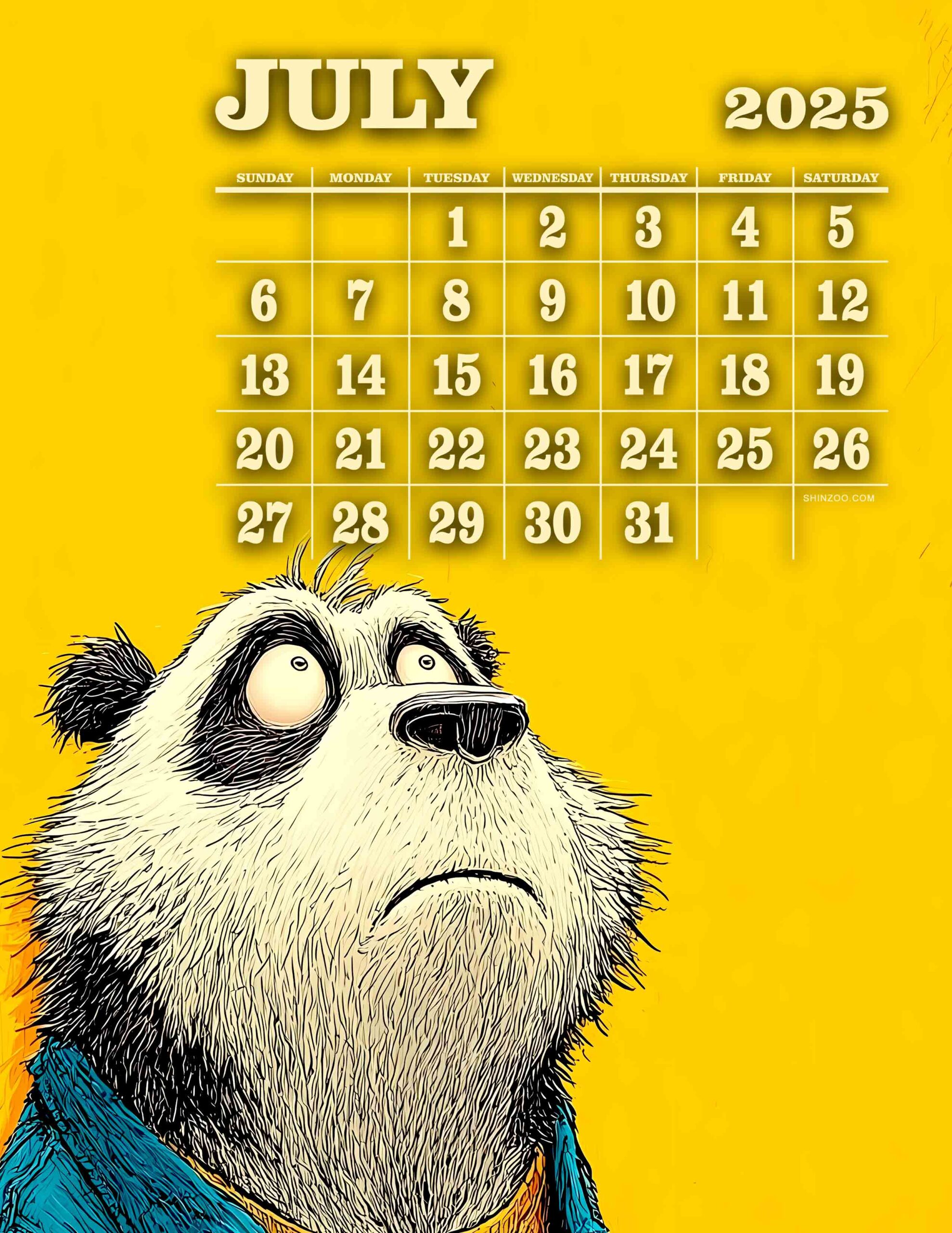 July Calendar 2025 Printable Funny Cartoon Panda Child Room Cheerful Summer Wall Art