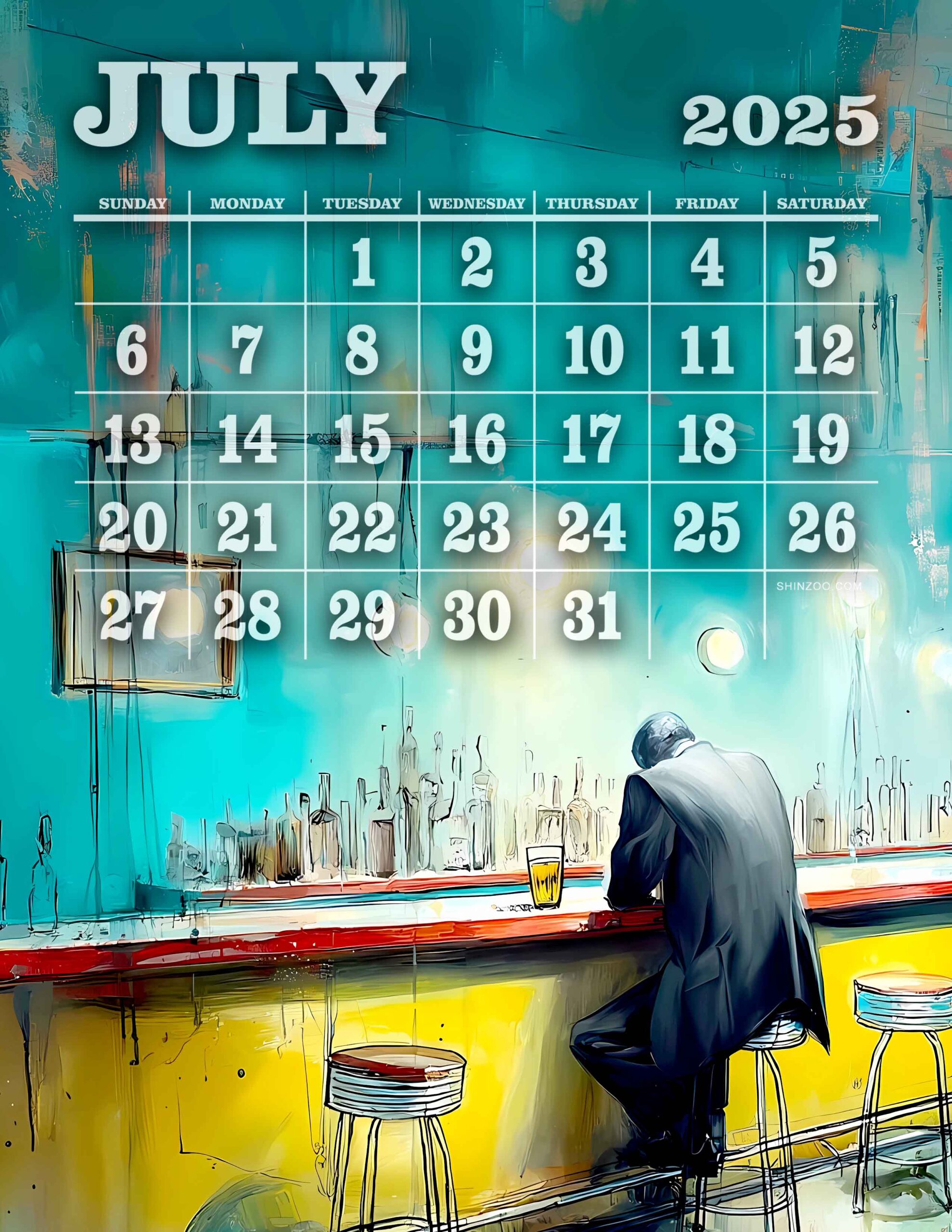 July Calendar 2025 Printable Dreamy Surreal Solitary Lonely Man Bar Pub Setting