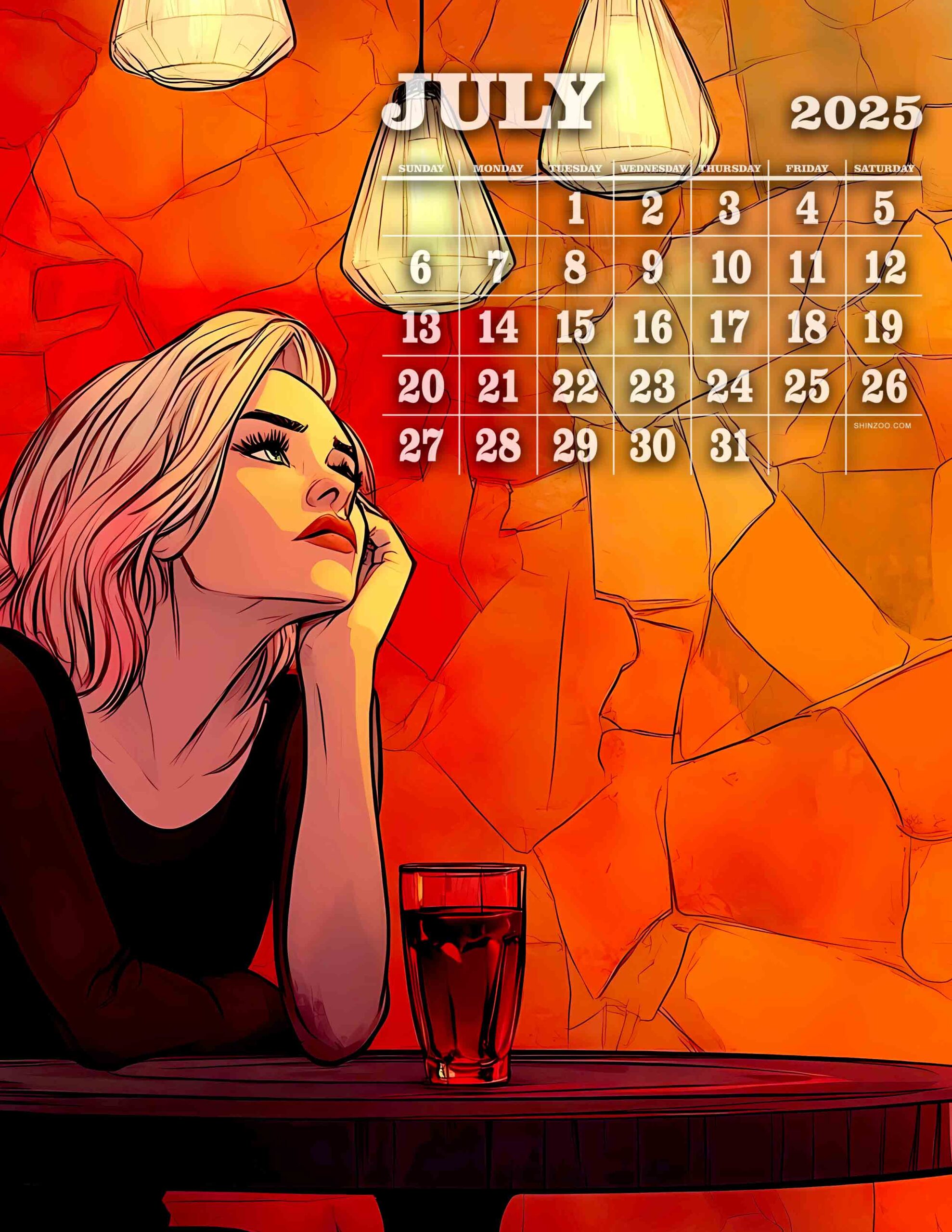 July 2025 Calendar Printable Woman in Cafe Female Illustration Art