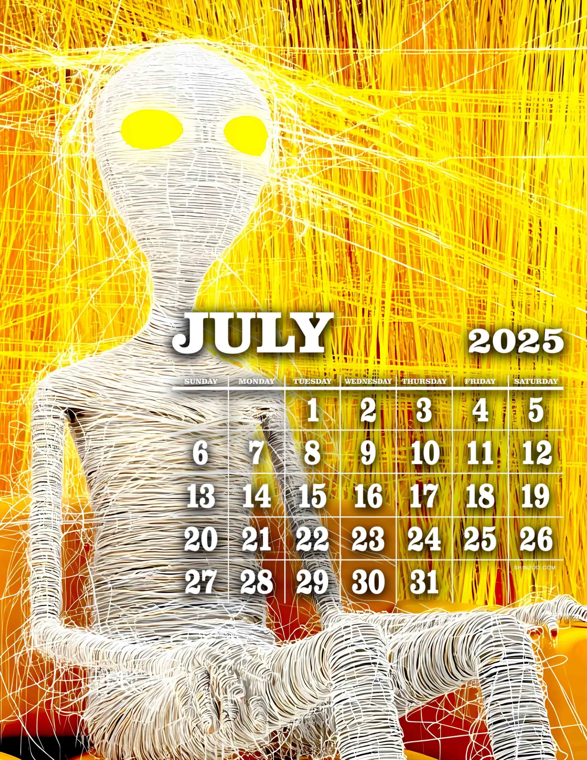 July 2025 Calendar Printable Surreal Alien Figure Halloween Theme Illustration