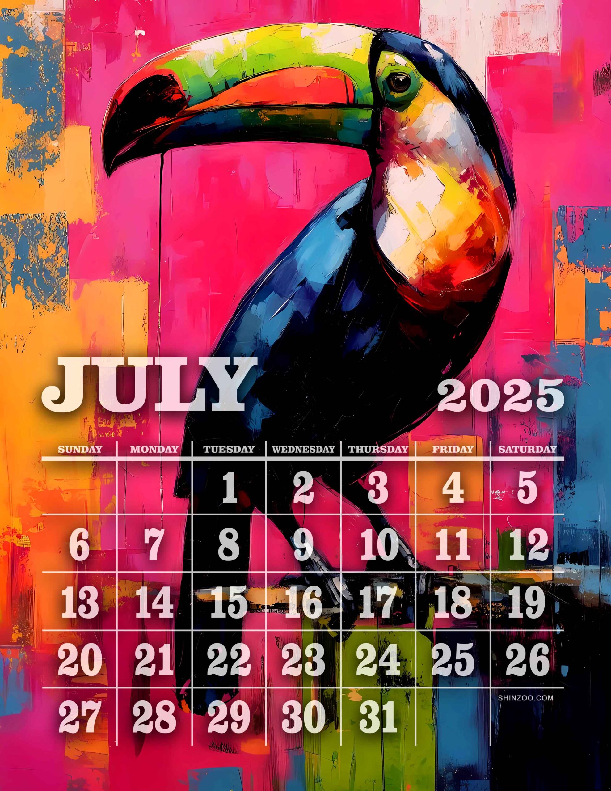 July 2025 Calendar Printable Colorful Toucan Exotic Bird Art