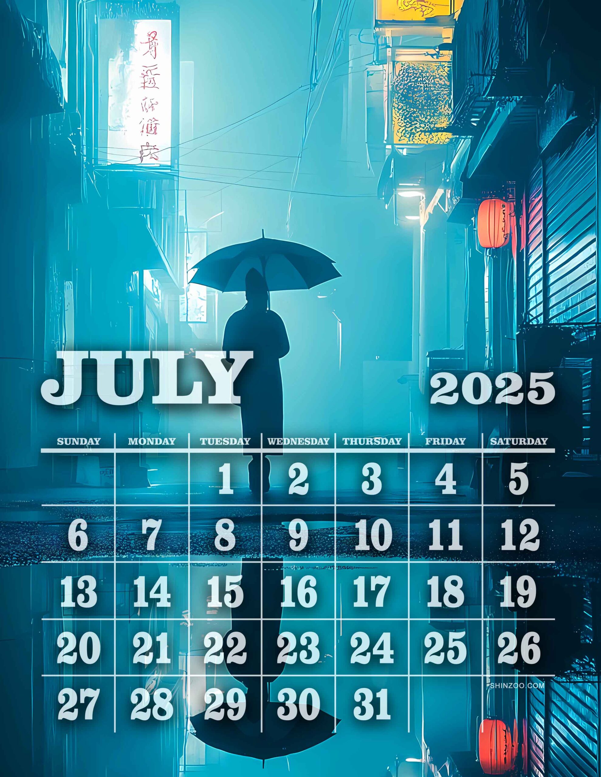 July 2025 Calendar Printable Night Cityscape Futuristic City Cyberpunk Scene
