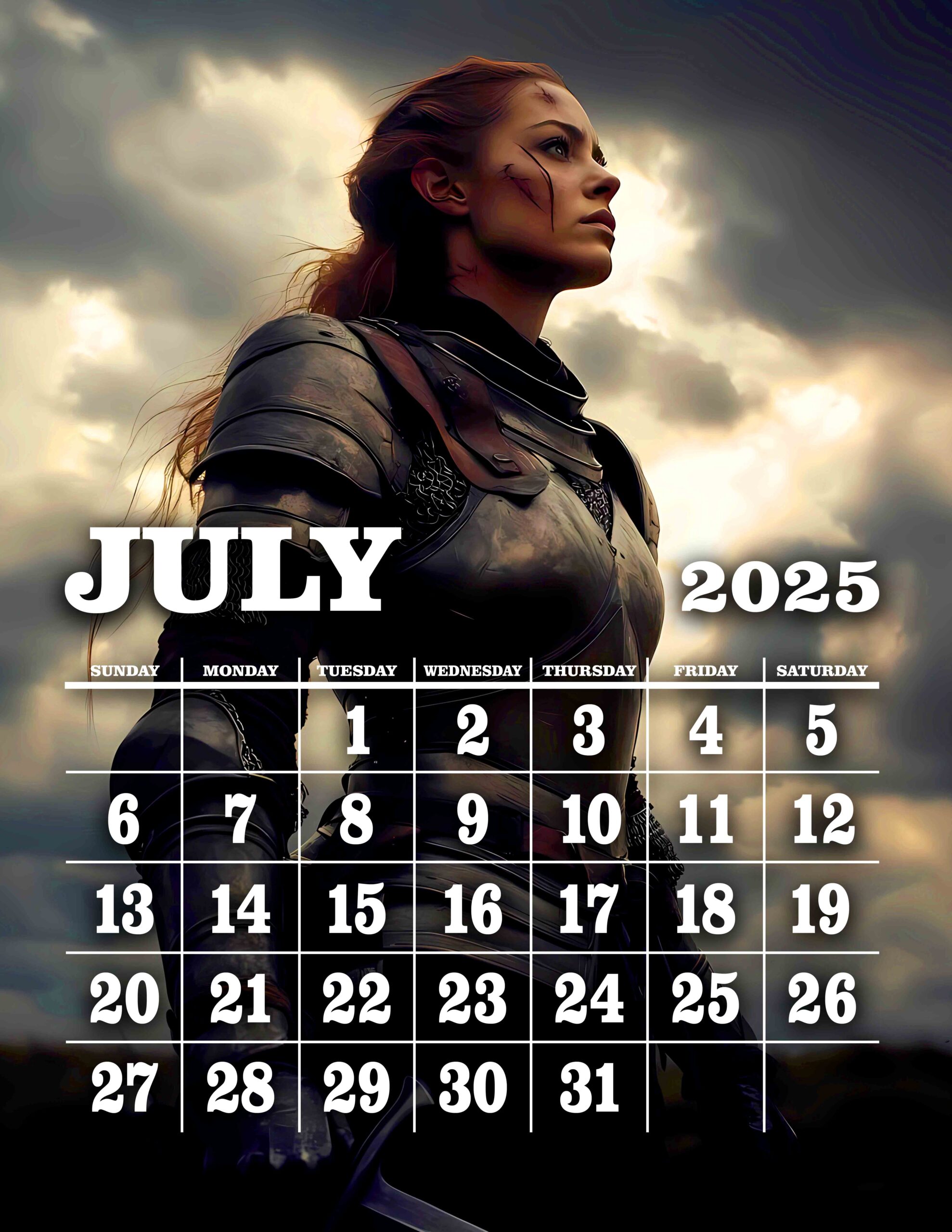 July 2025 Calendar Featuring Medieval Female Warrior Knight