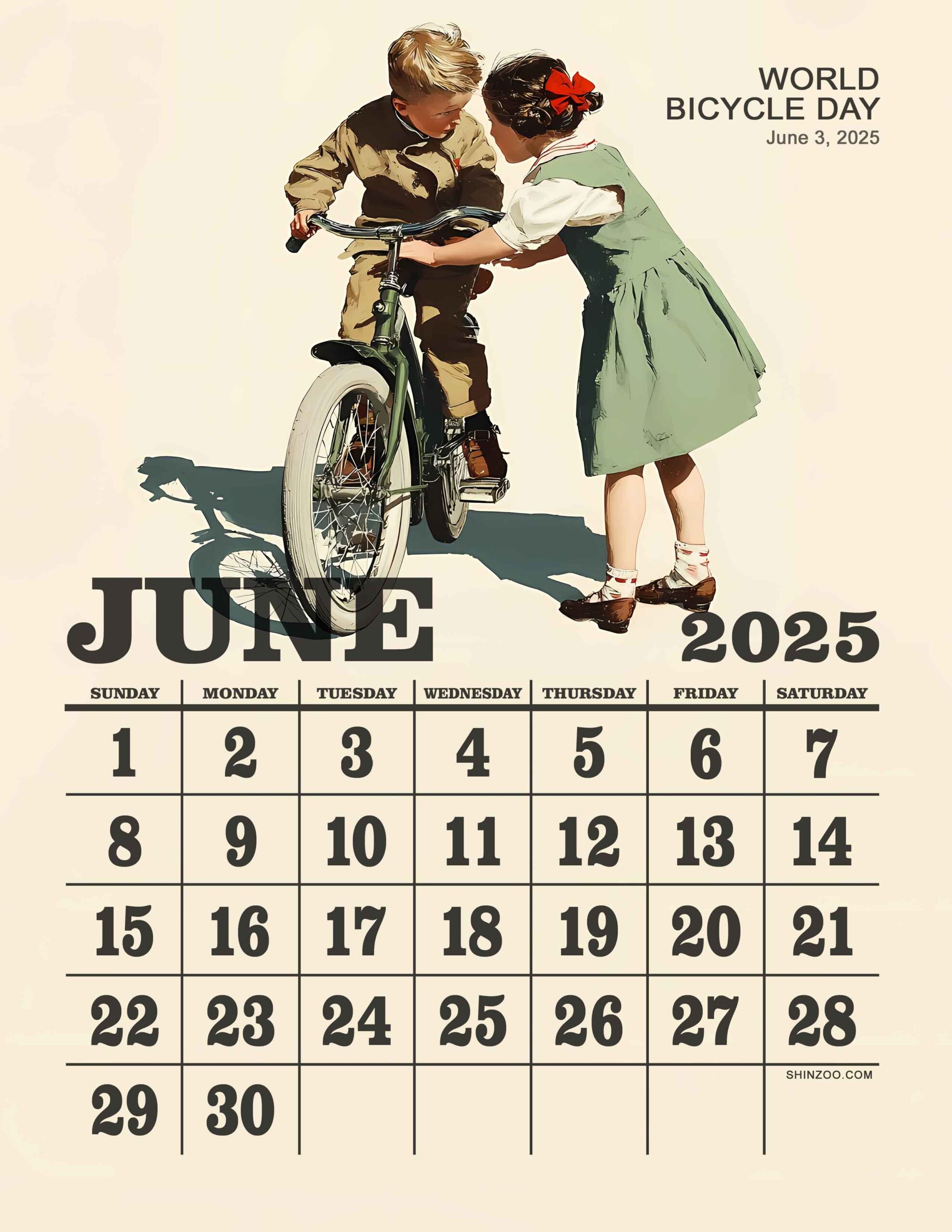 World Bicycle Day 2025 June Calendar Vintage Children Bike Retro Calendar
