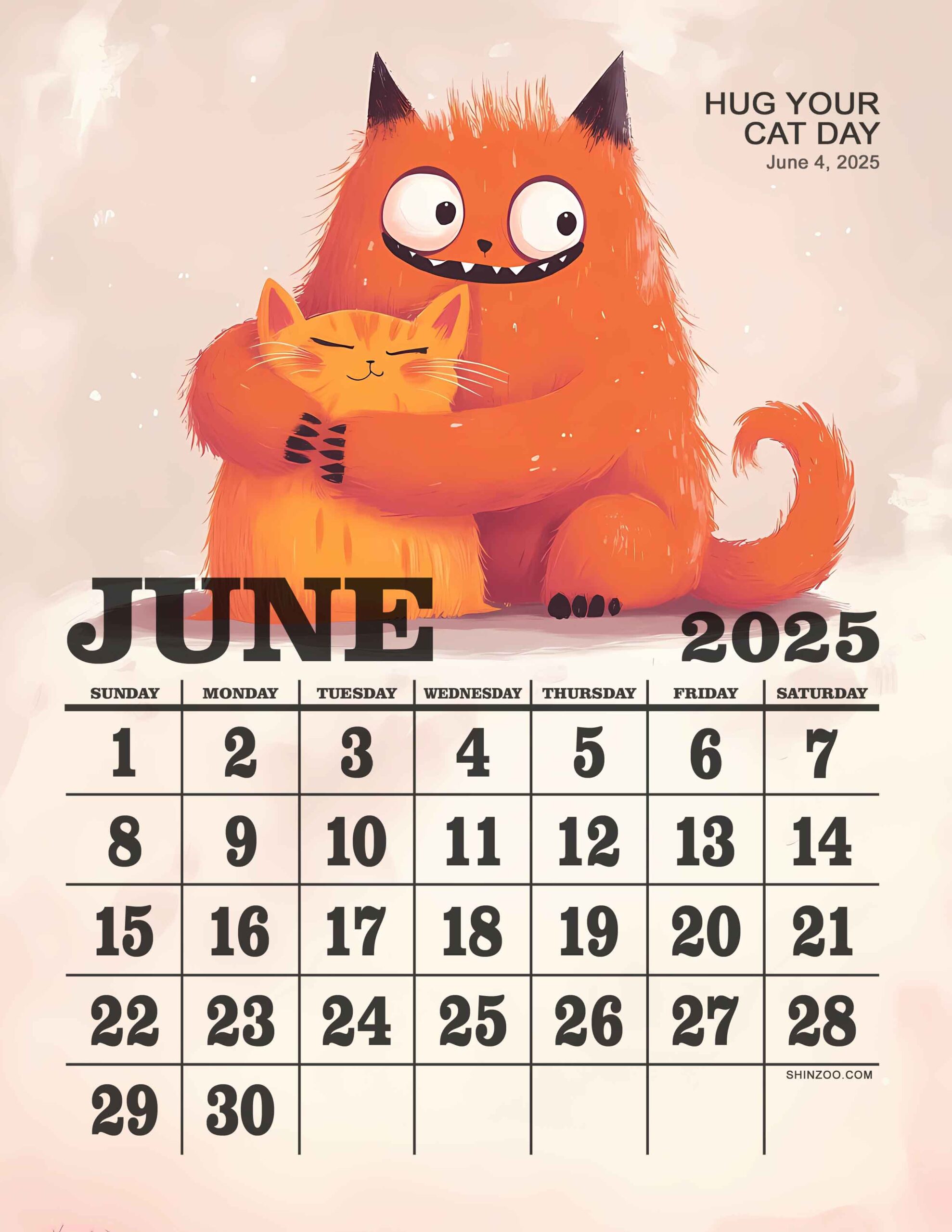 Hug Your Cat Day 2025 June Calendar Funny Monster Cat Lover Free Calendar