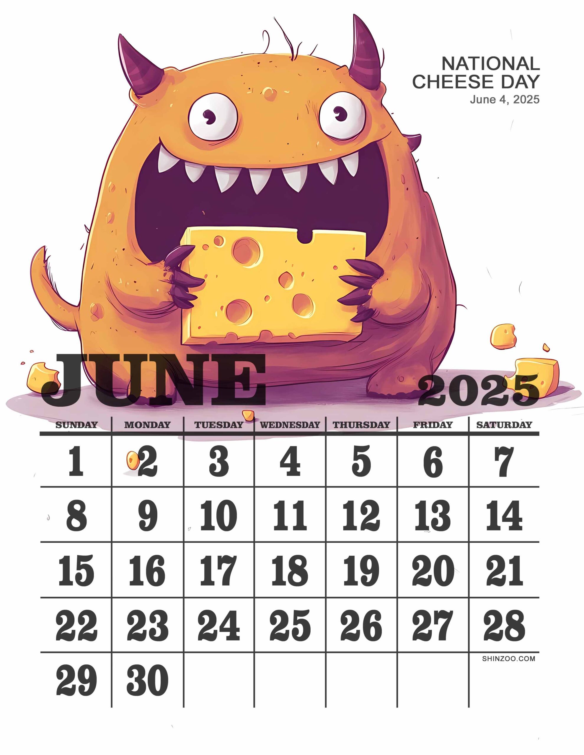 National Cheese Day 2025 June Calendar Funny Monster Cheese Lover Calendar