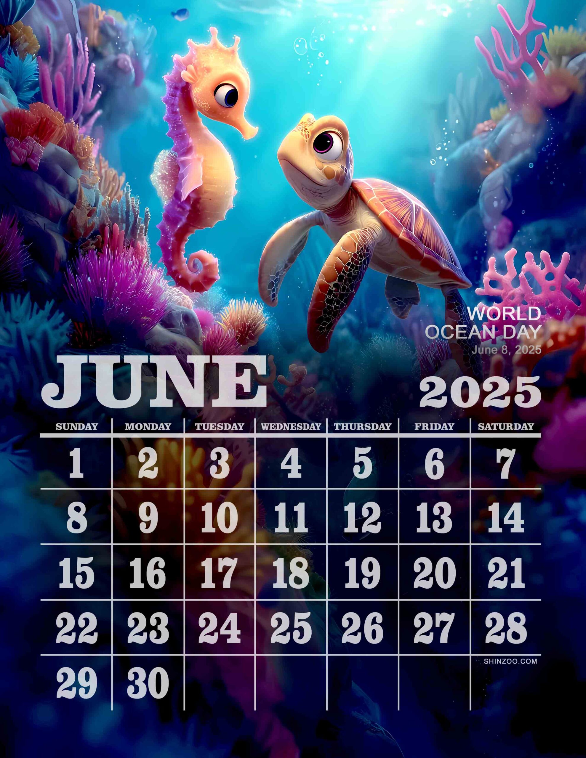 International Ocean Day 2025 June Calendar Turtle Seahorse Marine Life