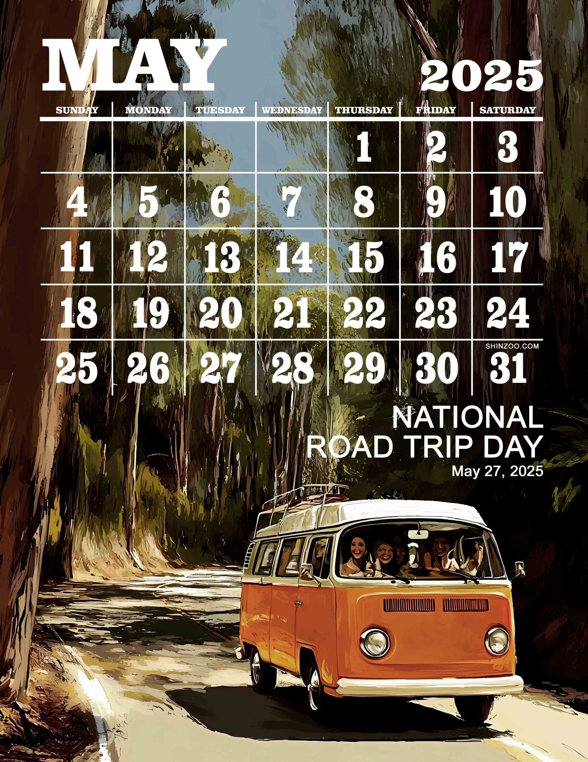 National Road Trip Day 2025 May Calendar Vintage Travel Scenic Holiday Calendar