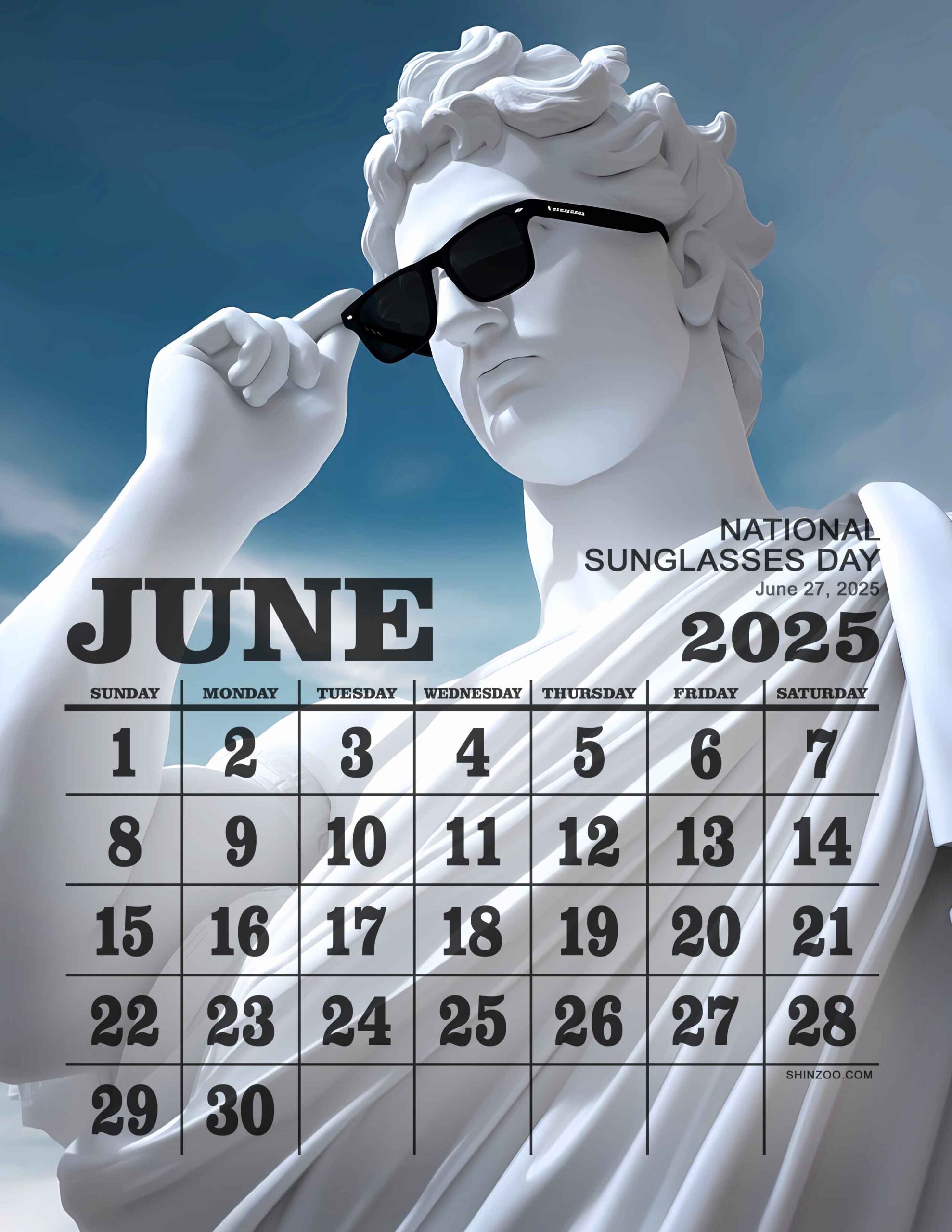National Sunglasses Day 2025 June Calendar Funny Greek Statue Summer Calendar
