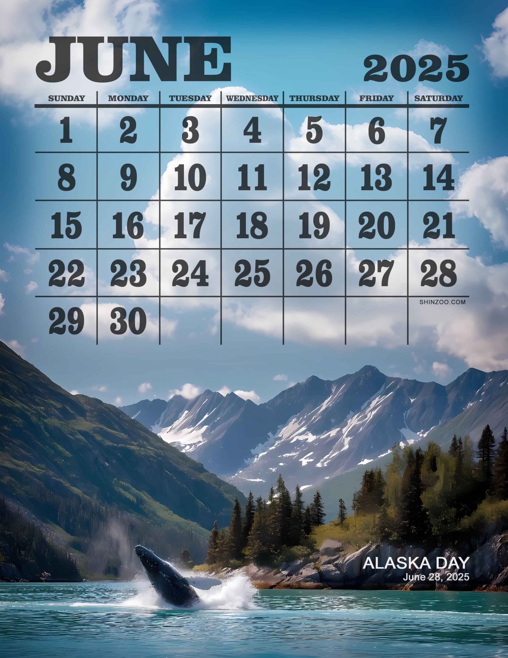 Alaska Day 2025 June Calendar Scenic Alaskan Wilderness Wildlife Calendar